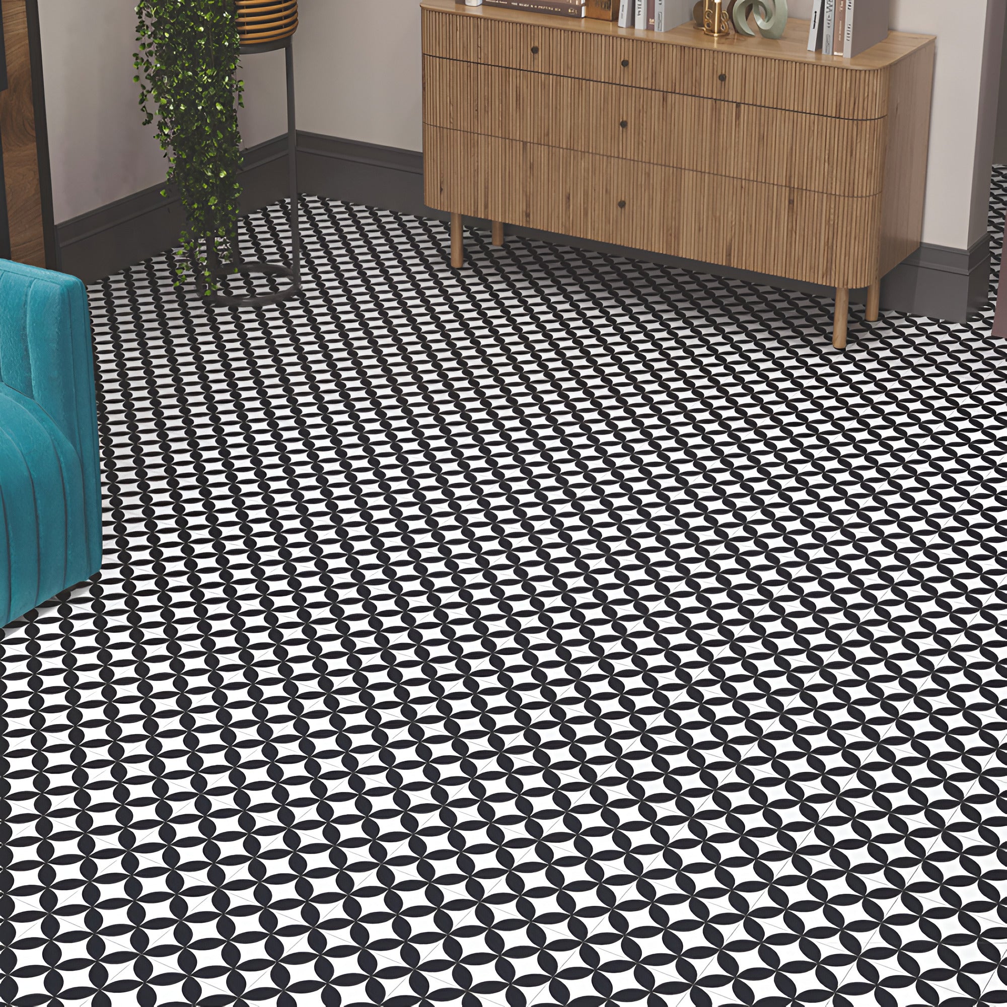 Luxure Black Moroccan vitrified tile in 8×8 inch size featuring deep black color with intricate printed Moroccan and rangoli design, matt finish surface suitable for elegant floor and wall applications in modern and traditional interiors