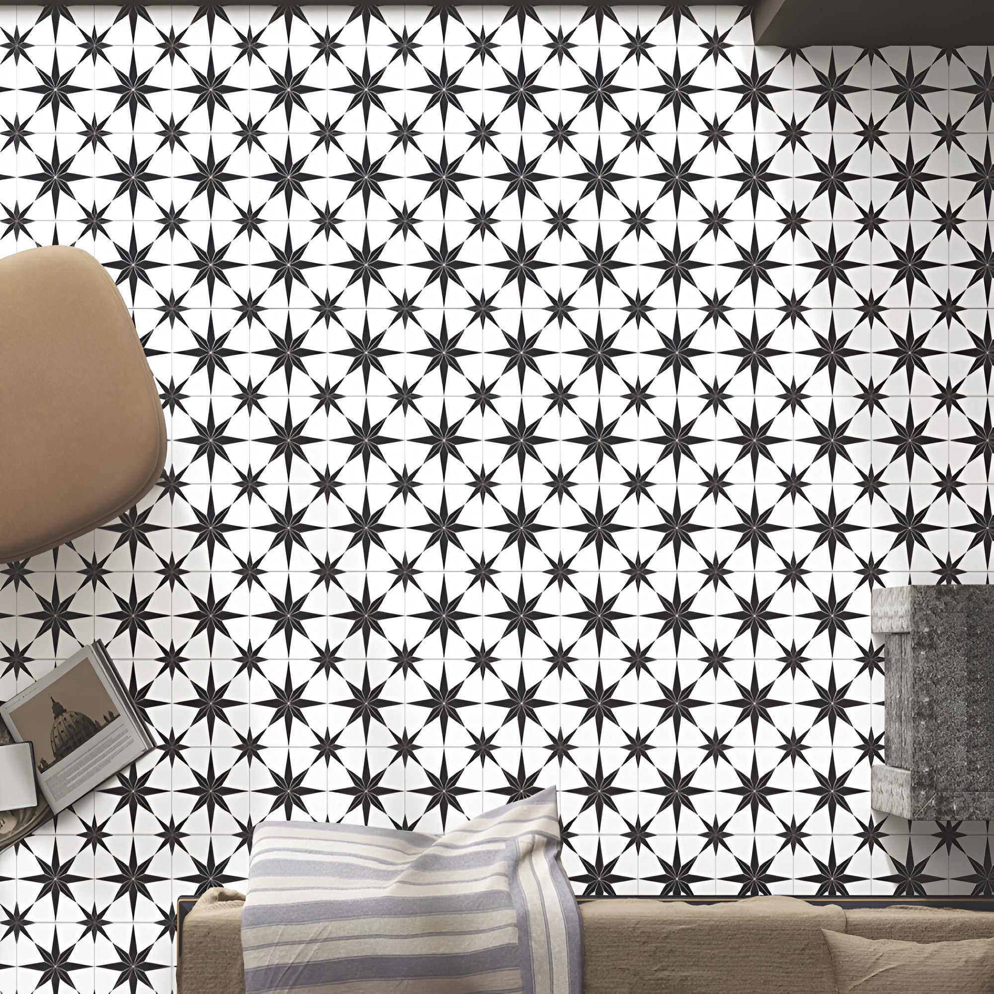 Luxure Black Star Moroccan vitrified tile with matt finish showcasing intricate star and rangoli-inspired printed detailing on a deep black base, ideal for stylish floor and wall applications in living rooms, kitchens, bathrooms, cafés, and decorative interior spaces.