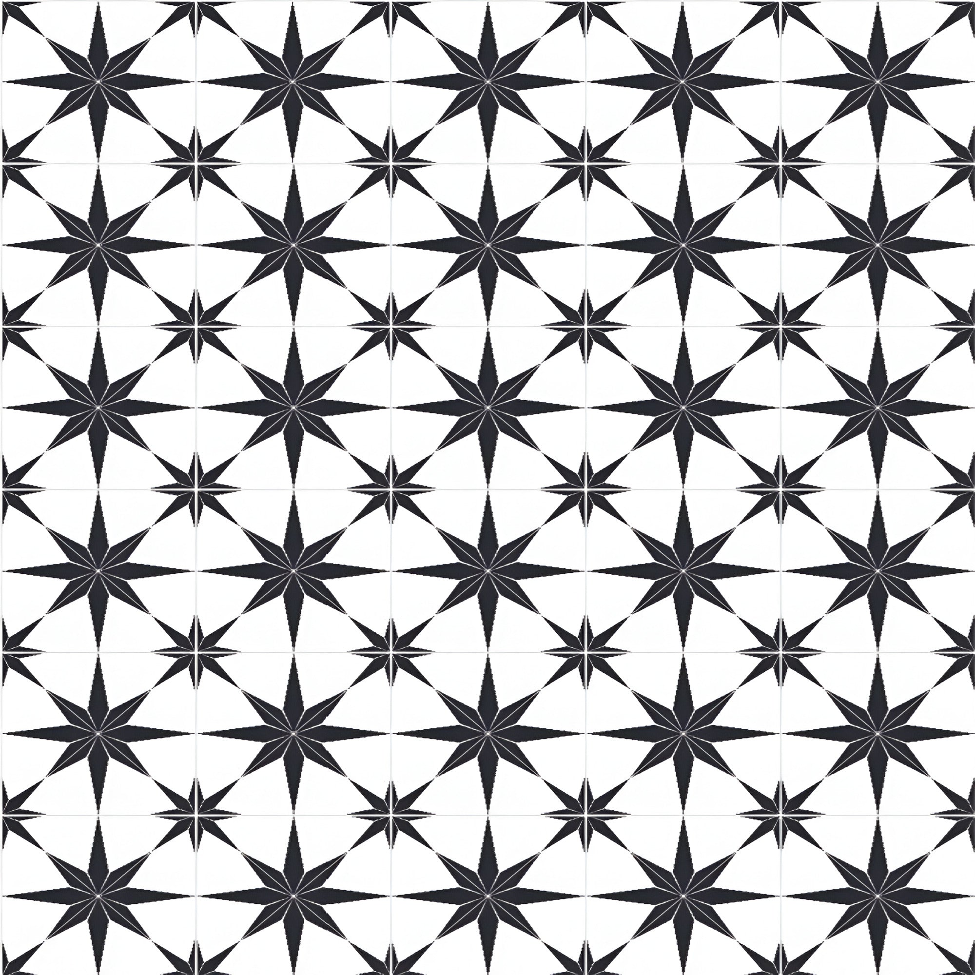Luxure Black Star Moroccan vitrified tile with matt finish showcasing intricate star and rangoli-inspired printed detailing on a deep black base, ideal for stylish floor and wall applications in living rooms, kitchens, bathrooms, cafés, and decorative interior spaces.