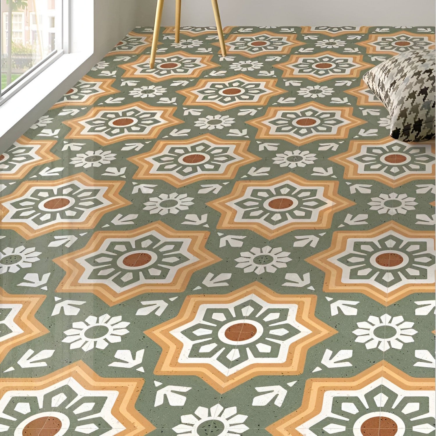 M‑10126 Ceramic Moroccan Tile 12×12 Inch – Matt ceramic tile showcasing a lush green base with vivid yellow and orange floral motifs arranged in a seamless Moroccan-rangoli pattern, ideal for vibrant wall or floor accents.