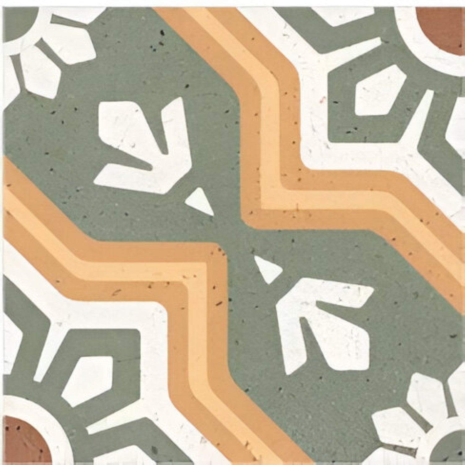 M‑10126 Ceramic Moroccan Tile 12×12 Inch – Matt ceramic tile showcasing a lush green base with vivid yellow and orange floral motifs arranged in a seamless Moroccan-rangoli pattern, ideal for vibrant wall or floor accents.