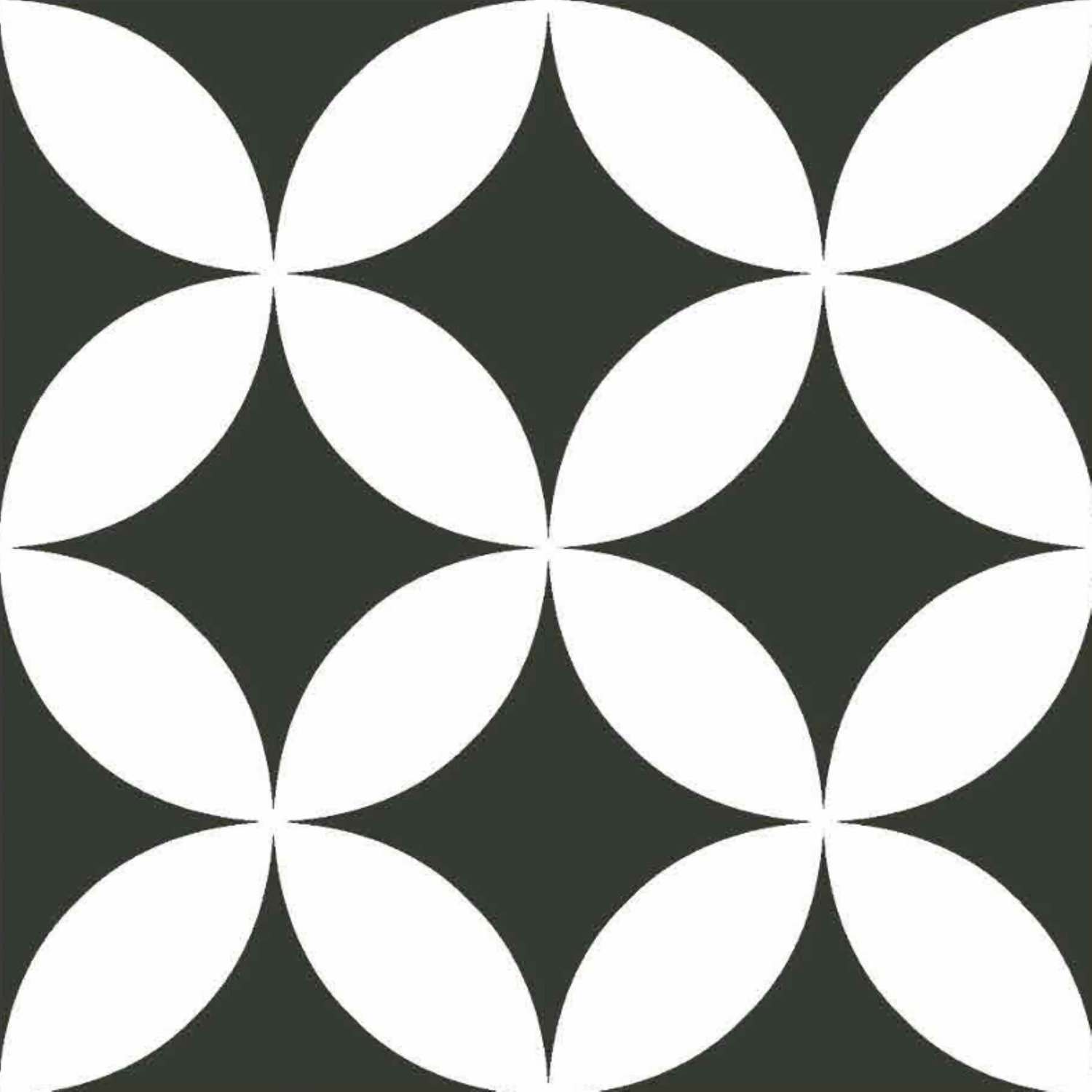 M-167 Moroccan Vitrified Tile – 16x16 inch black and white tile with bold overlapping petal-like geometric pattern, ideal for striking modern or retro spaces.









