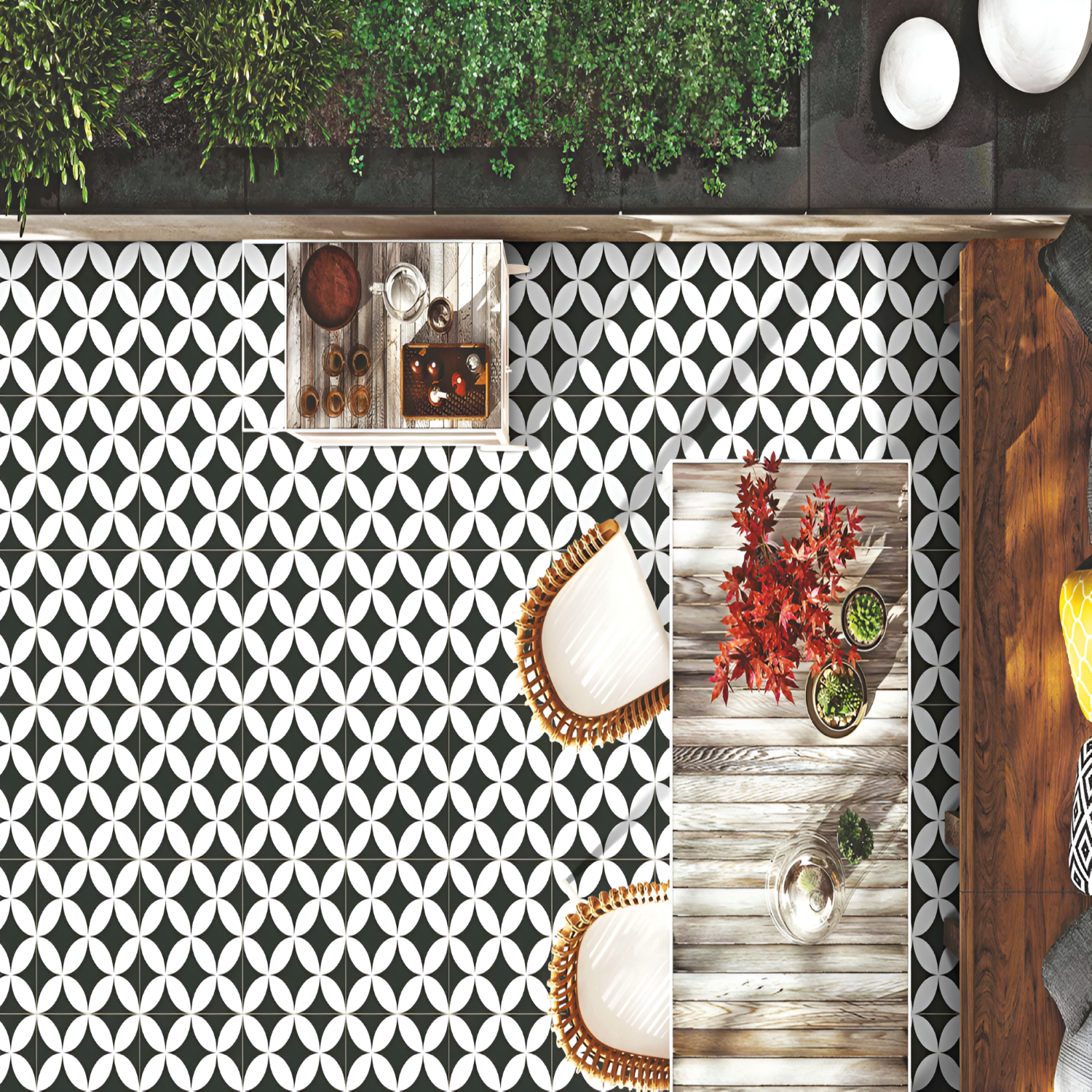 M-167 Moroccan Vitrified Tile – 16x16 inch black and white tile with bold overlapping petal-like geometric pattern, ideal for striking modern or retro spaces.
