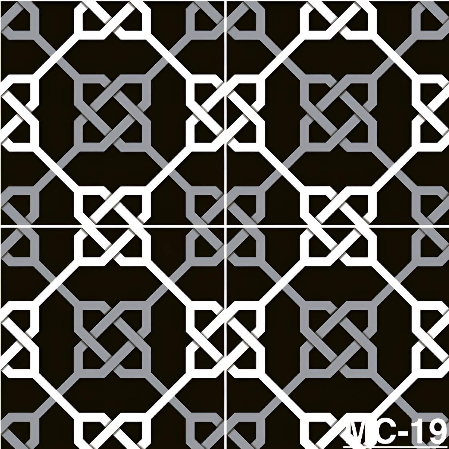 MC-19 Moroccan Ceramic Tile 12 Inch x 12 Inch – A bold ceramic tile featuring intricate interlocking geometric patterns in black, white, and grey, ideal for statement walls or striking flooring designs