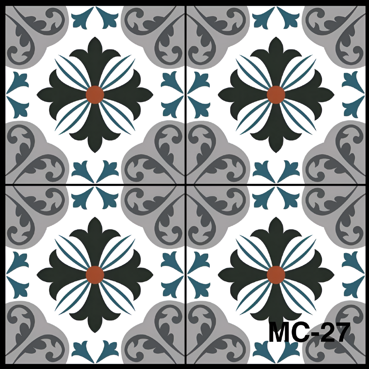 MC-27 Moroccan Ceramic Tile – 12x12 Inch vibrant tile with bold floral and heart-like patterns in black, gray, teal, and terracotta on a white background, ideal for walls and floors.