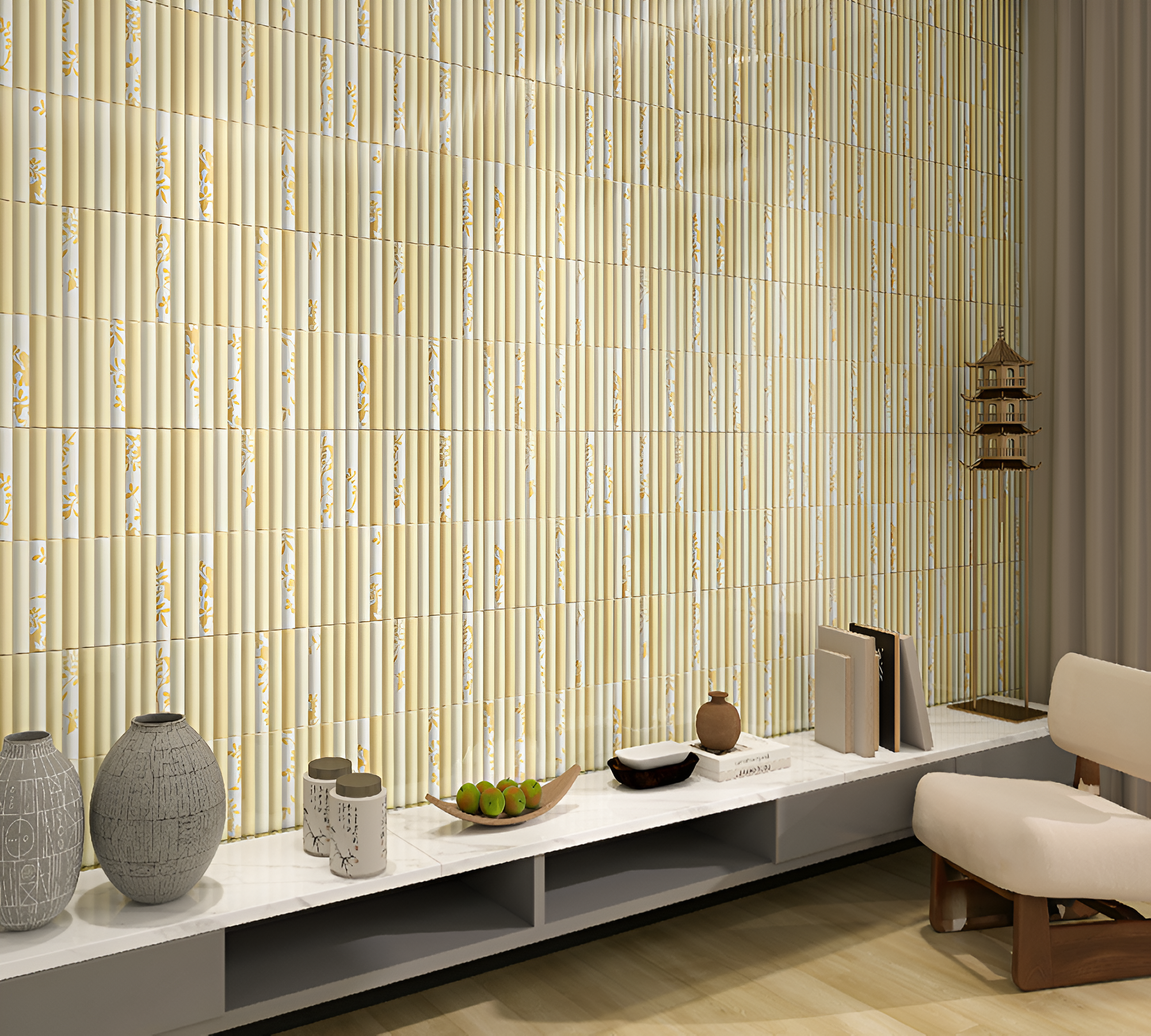 MD-53 Fluted Ceramic Tile 12x12 Inch in beige gloss finish, featuring a modern fluted subway design with elegant ridged texture, ideal for wall accents, kitchen backsplashes, and bathroom interiors