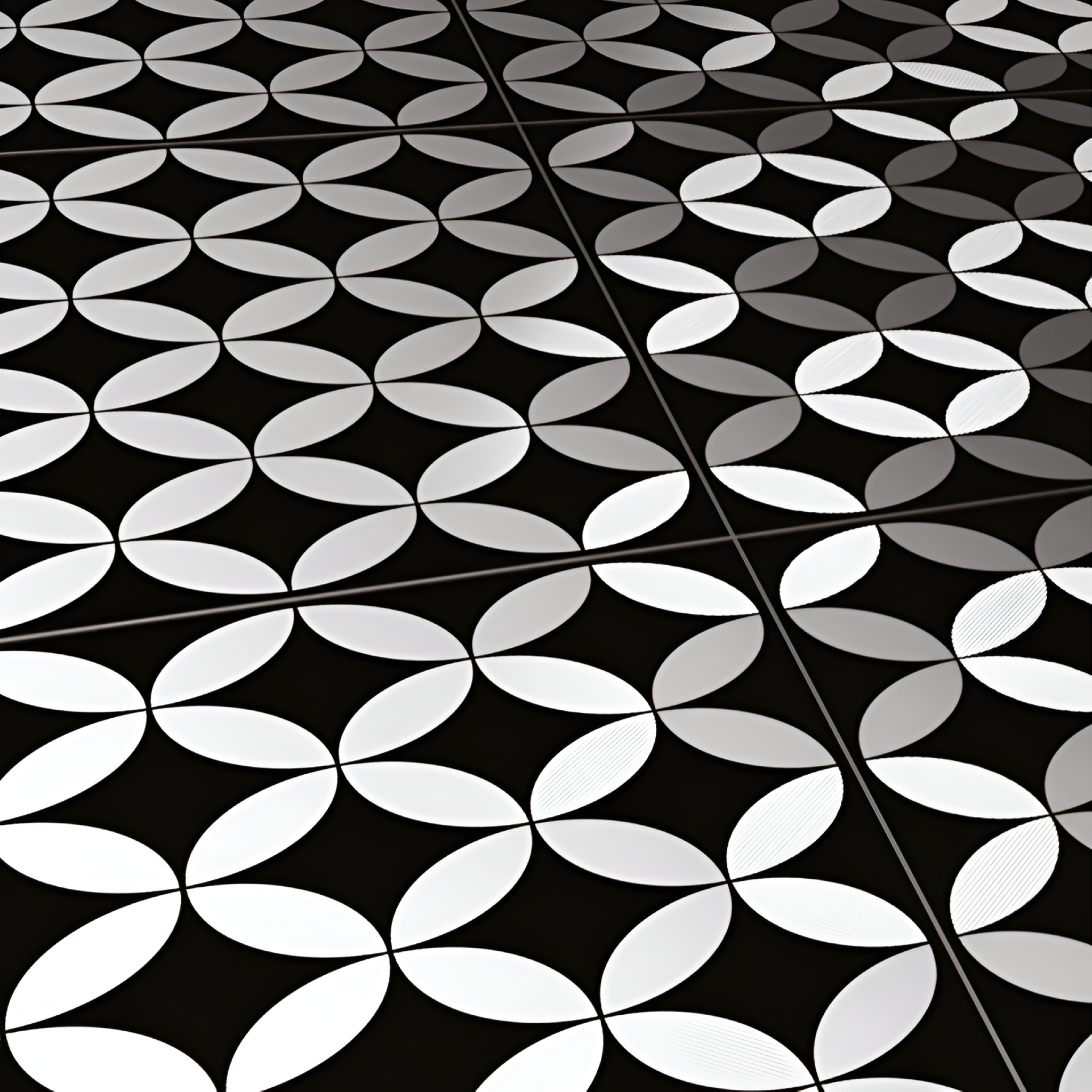 MM-03 Moroccan Ceramic Tile – 24x24 inch ceramic tile featuring intricate geometric patterns in a black and white palette, ideal for bold, stylish wall or floor accents.