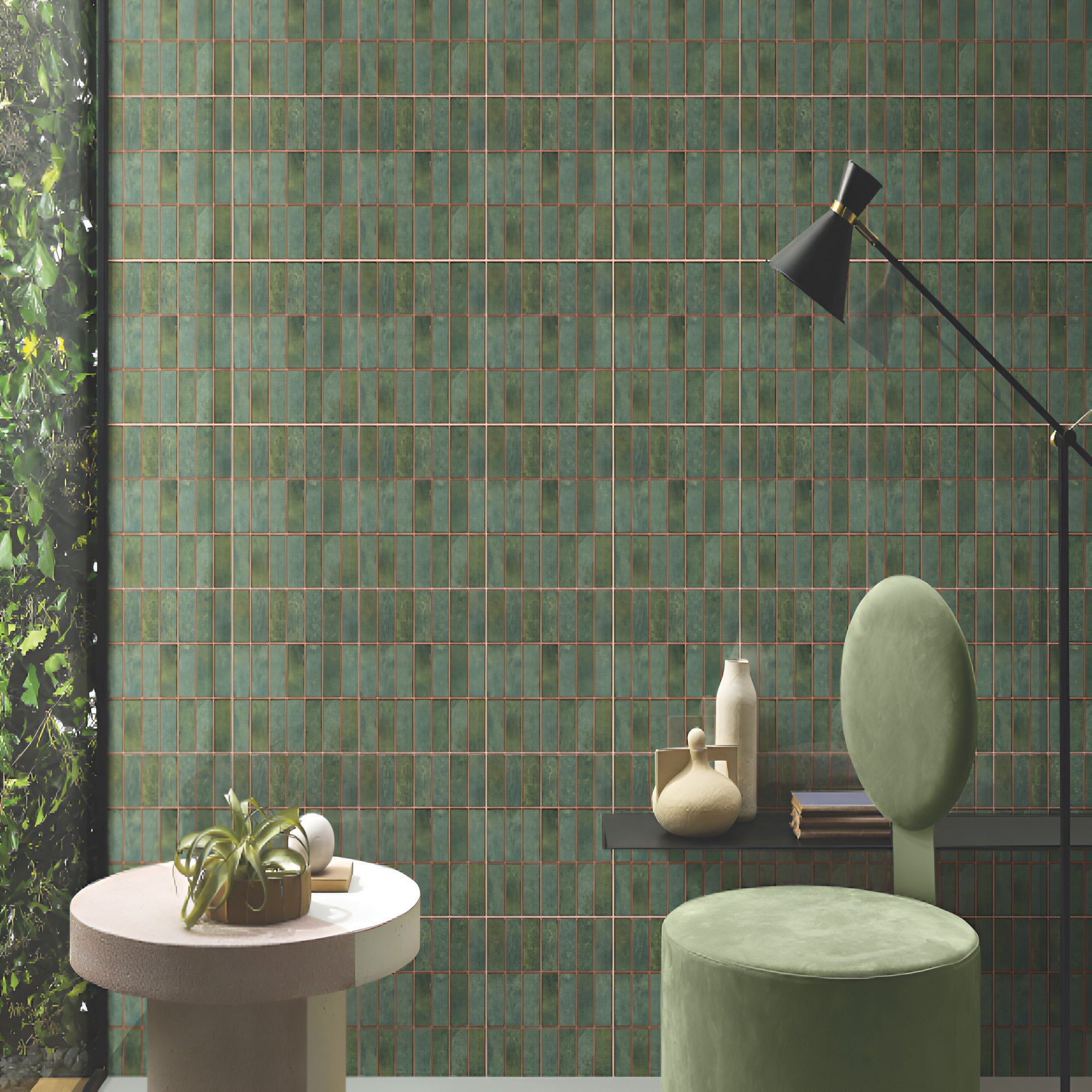 MN-314 Kitkat Ceramic Tile in glossy green finish shown in a 12x12 inch sheet format,highlighting the reflective shine, texture, and contemporary design suitable for kitchen and bathroom walls.