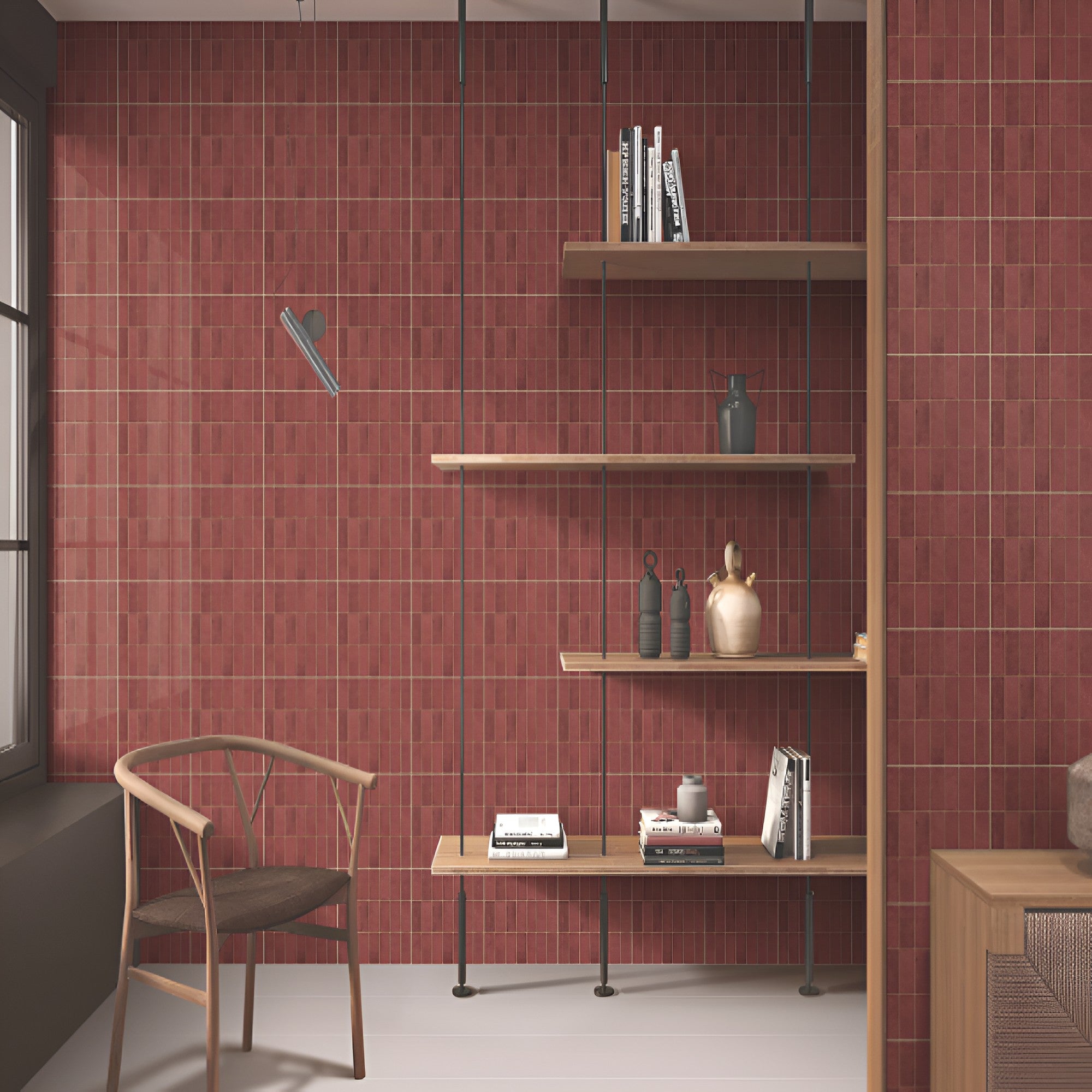 MN-318 Kitkat Ceramic Tile in a glossy red finish,highlights the smooth ceramic texture, while the bold red color gives the wall a vibrant, modern, and artistic appearance.