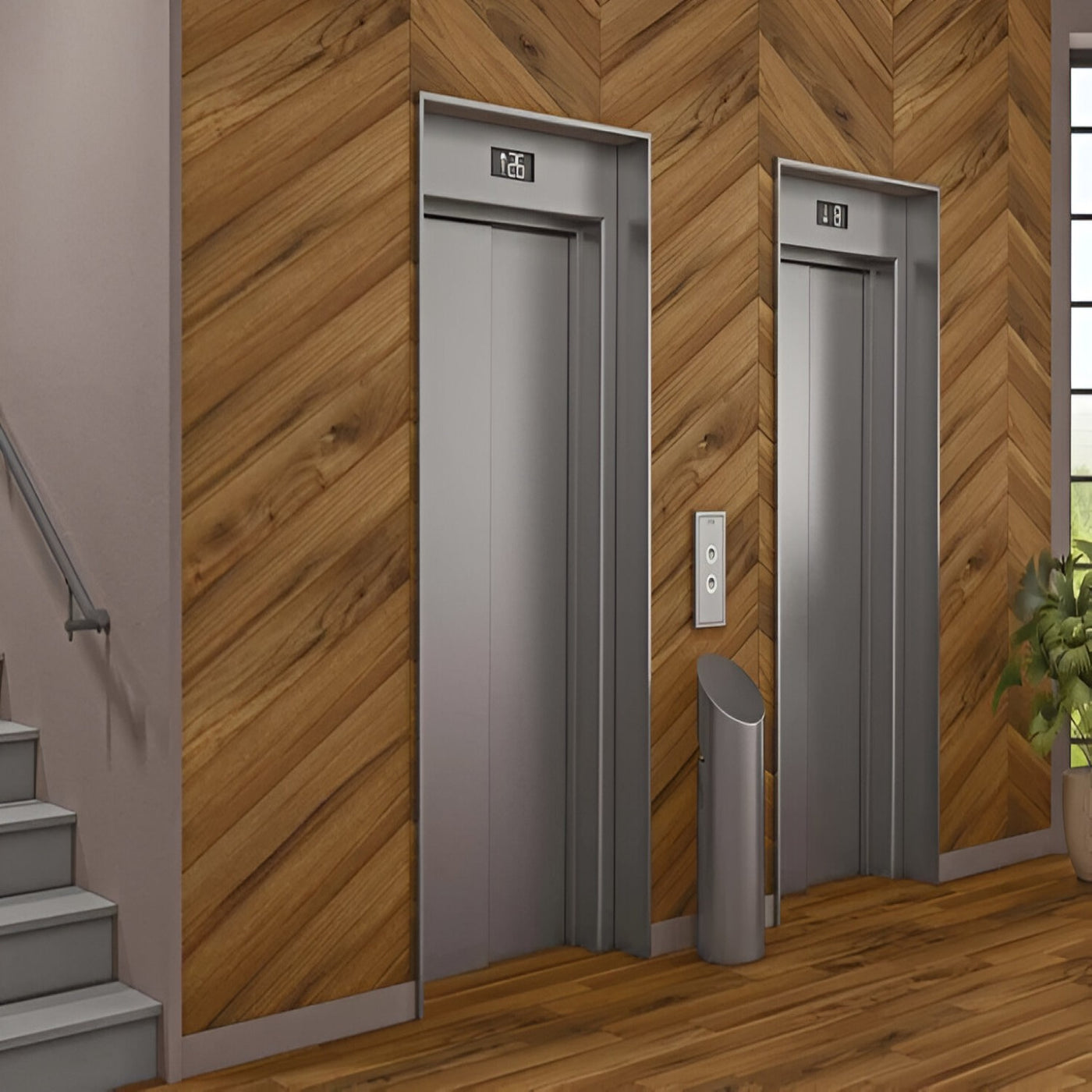 Designer Madera Teak Chevron Elevator Foyer Inspiration