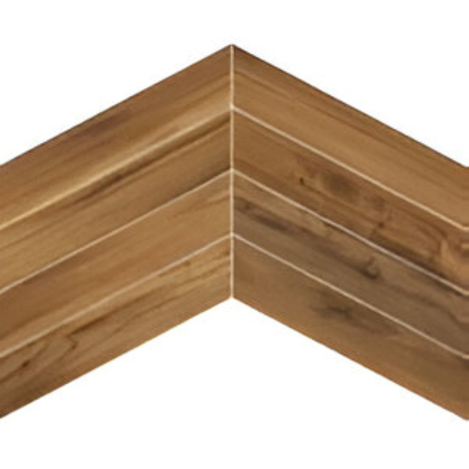 Madera Teak Chevron Wooden Tile 6x36 Inch, featuring warm teak wood tones arranged in a chevron pattern, perfect for elegant and durable flooring or wall applications.
