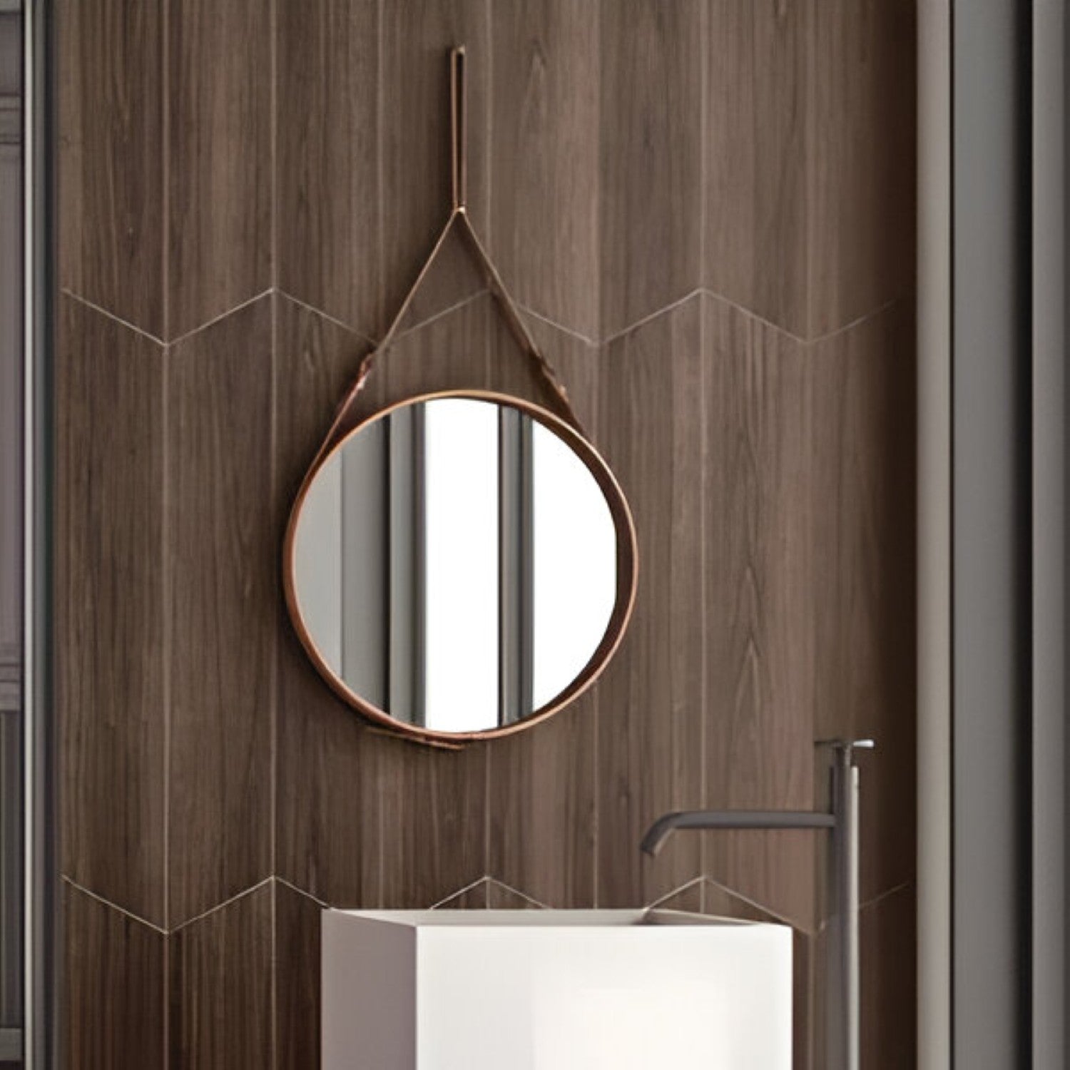 Madera Walnut Chevron Wooden Tile 6x36 Inch, featuring deep walnut wood tones arranged in a chevron pattern, ideal for classic and durable flooring or wall applications.
