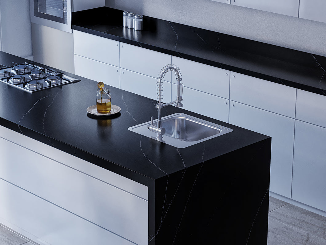 Magic Night quartz kitchen countertop slab with glossy surface finish installed in a modern kitchen interior featuring seamless countertop design, polished texture, premium quartz material, and elegant contemporary styling suitable for residential and commercial spaces.