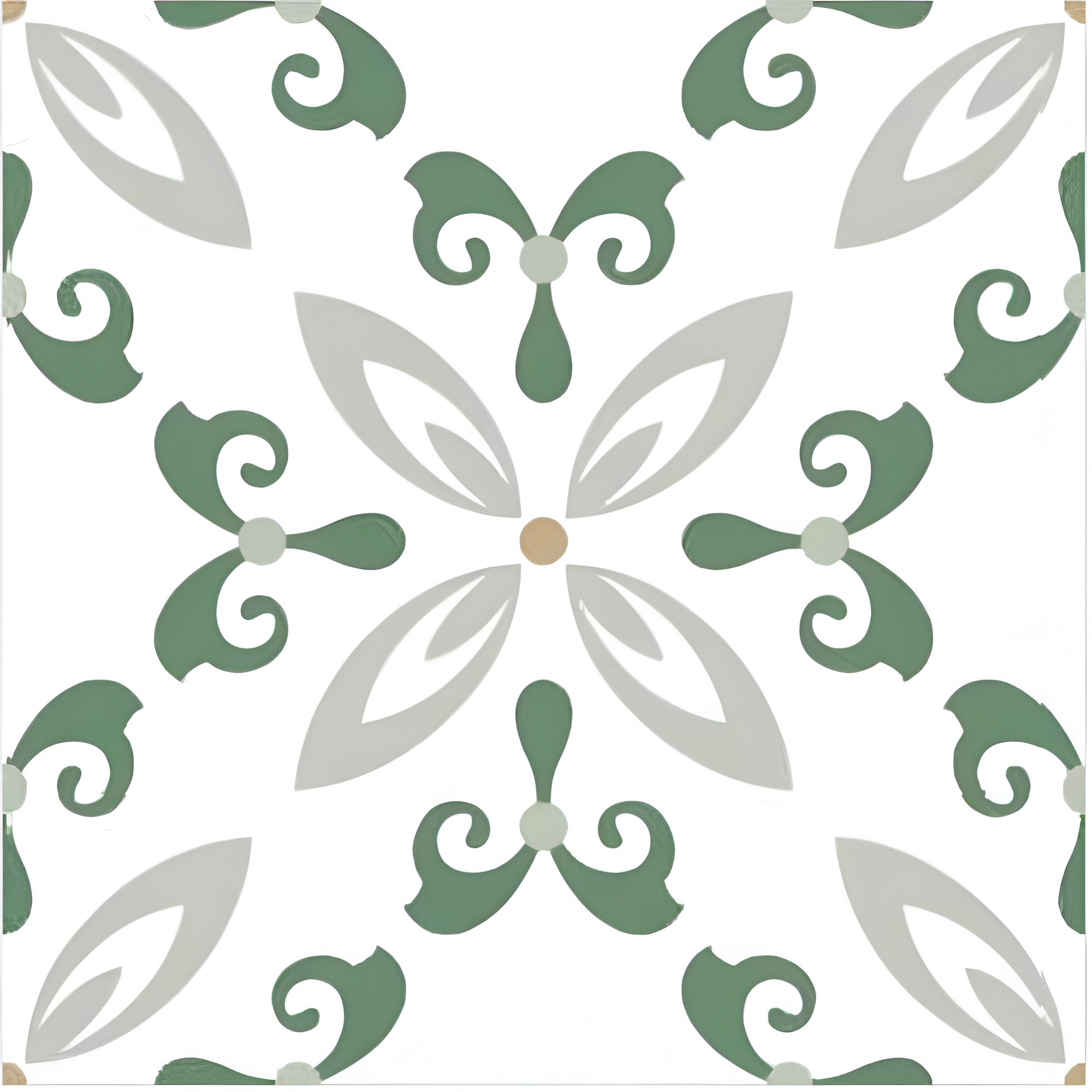 Magma Mint Moroccan vitrified tile in 8×8 inch size with matt finish, showcasing soft mint tones and intricate Moroccan and Rangoli inspired printed patterns, suitable for stylish floor and wall applications in modern and traditional interiors