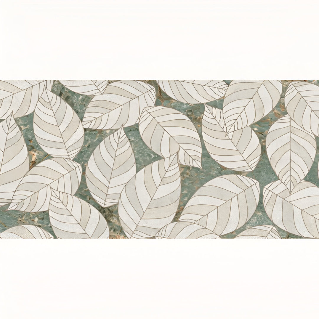 Malachite Green Decor Gloss Vitrified Tile 24x48 Inch – glossy decorative wall tile with leaf pattern over green marble texture

