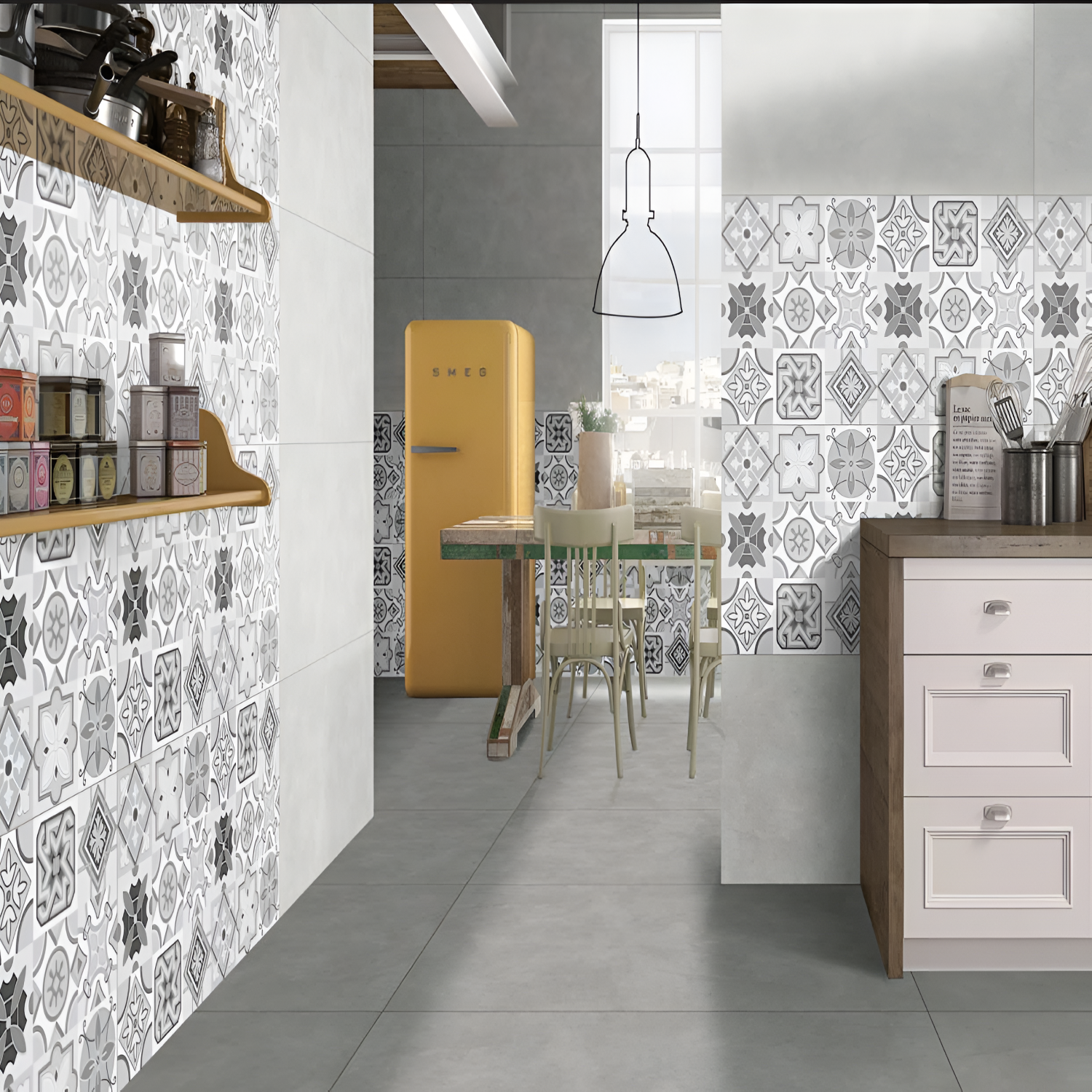 Marcos Gris Vitrified Moroccan Tile 24x48 Inch – Large-format matt grey vitrified tile featuring a subtle Moroccan rangoli-inspired printed geometric pattern, ideal for sleek, modern wall or floor installations.