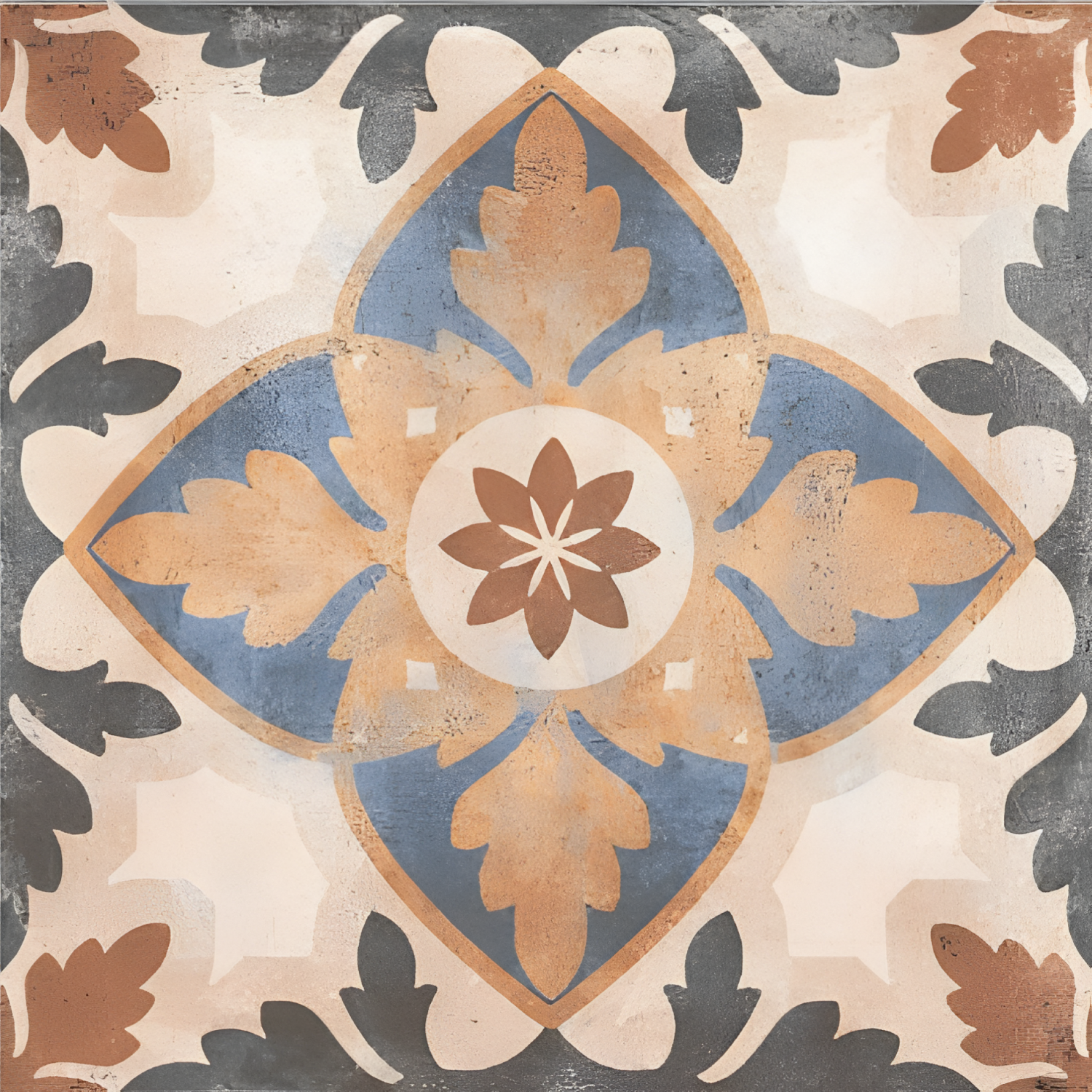 Marie Moroccan Vitrified Tile – 16×16 inch tile featuring a traditional Moroccan motif in shades of blue, white, and beige, perfect for vintage-inspired interiors.