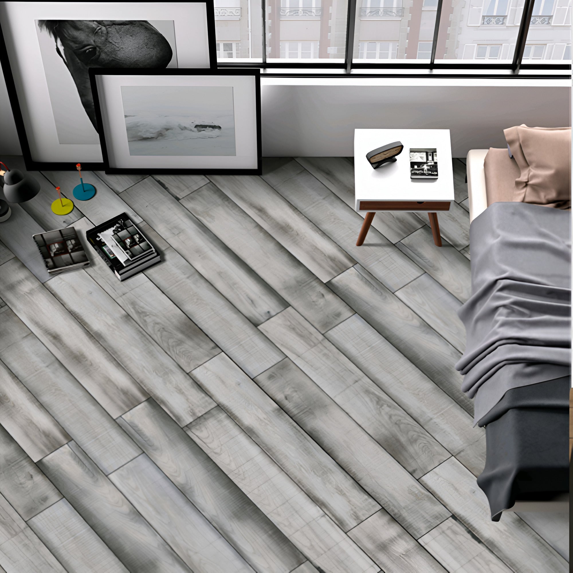 Marlin Grey Wooden Plank Vitrified Floor Tile 8x48 Inch with realistic grey wooden texture and carving finish, showcasing long plank format flooring ideally suited for home and commercial interiors.