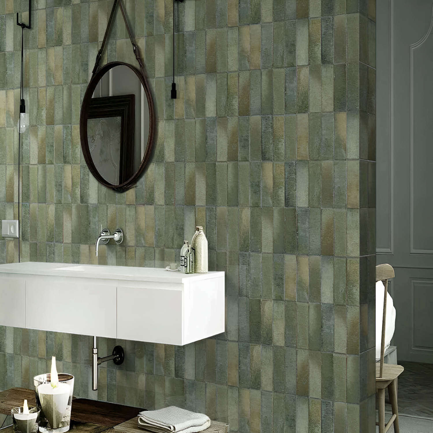 Marvello Green Gloss Tile 12x24 inch with a glossy finish, featuring a vibrant green stone-like texture, durable and stain-resistant surface, ideal for contemporary floors and walls.
