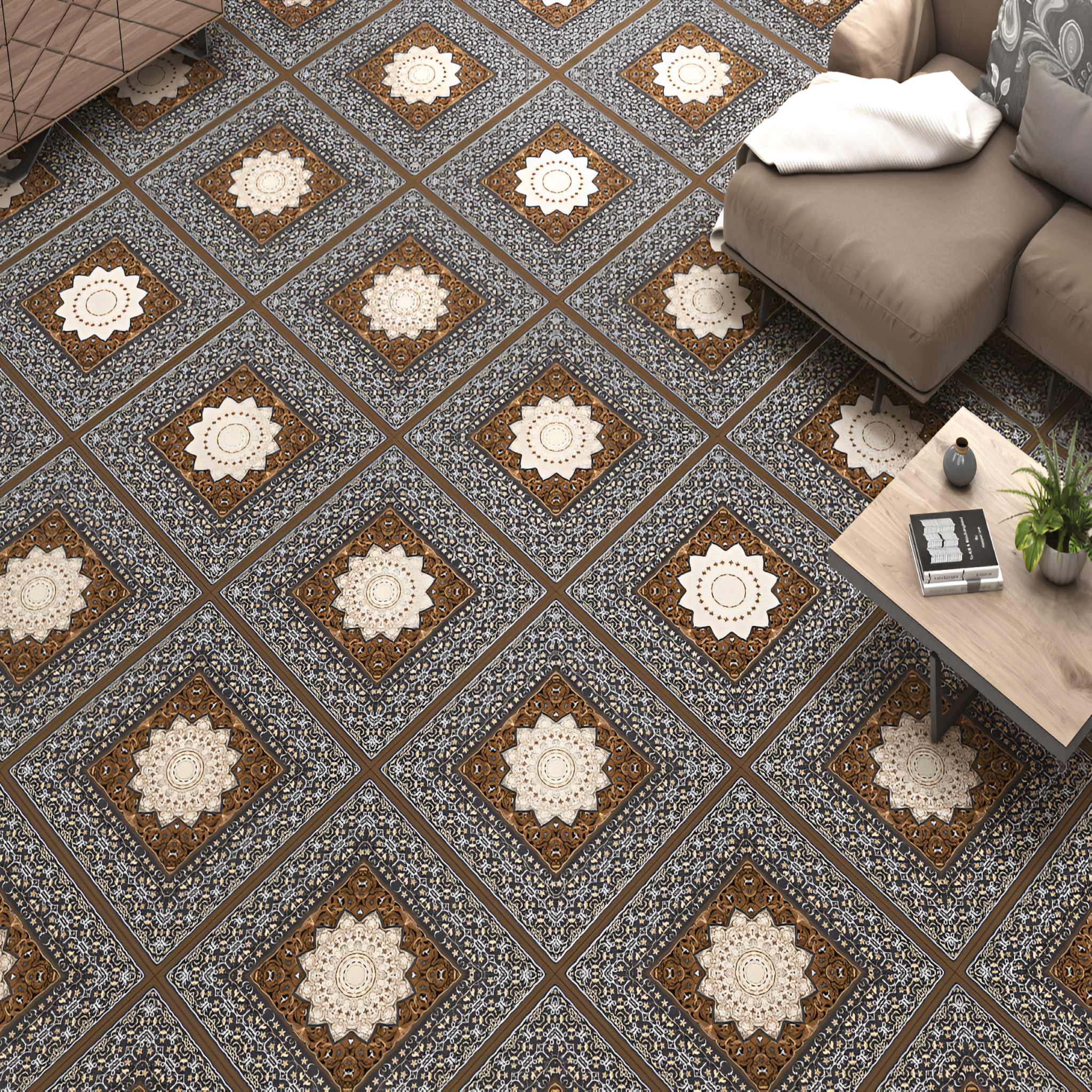 Mehdi Moroccan Tile – 24x24 inch ceramic tile showcasing a classic black and white Moroccan patchwork pattern with ornate motifs, ideal for bold and stylish interior decor.

