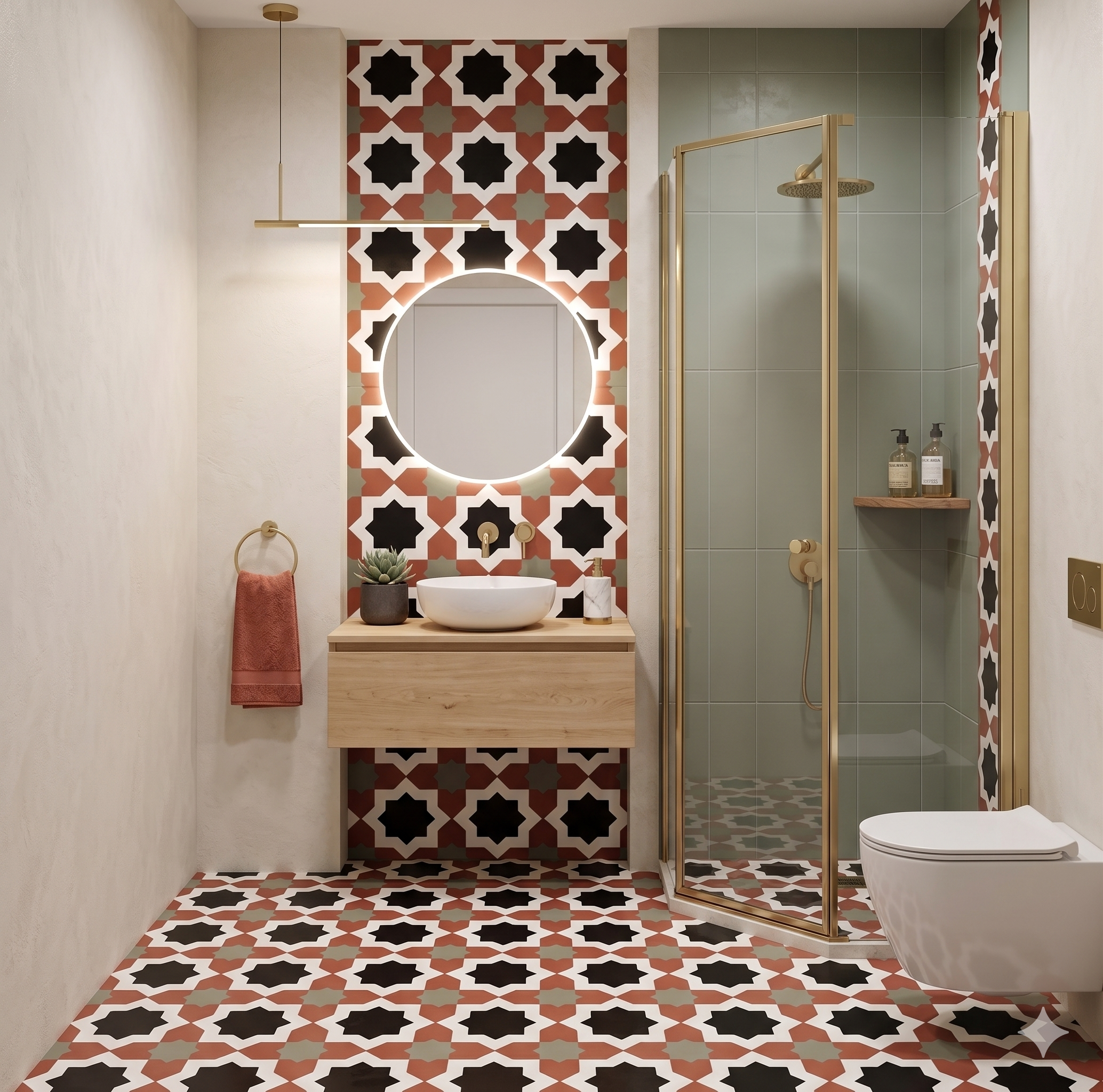 Modern bathroom with red patterned tiles, wooden vanity, and glass shower enclosure.