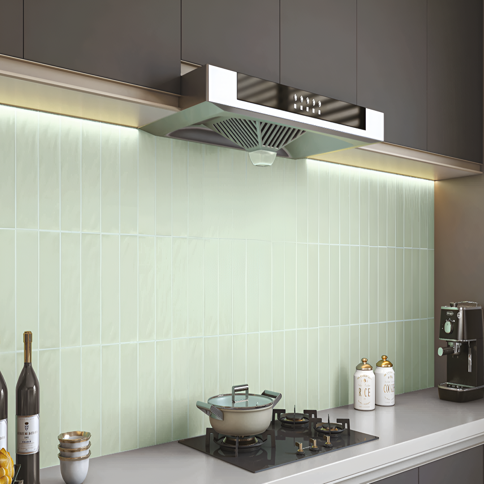 Mint Pista Matt Subway Tile 3x12 – green ceramic subway wall tile with smooth matt finish, arranged in a classic brick pattern, ideal for kitchen backsplash, bathroom walls, and modern interior décor applications