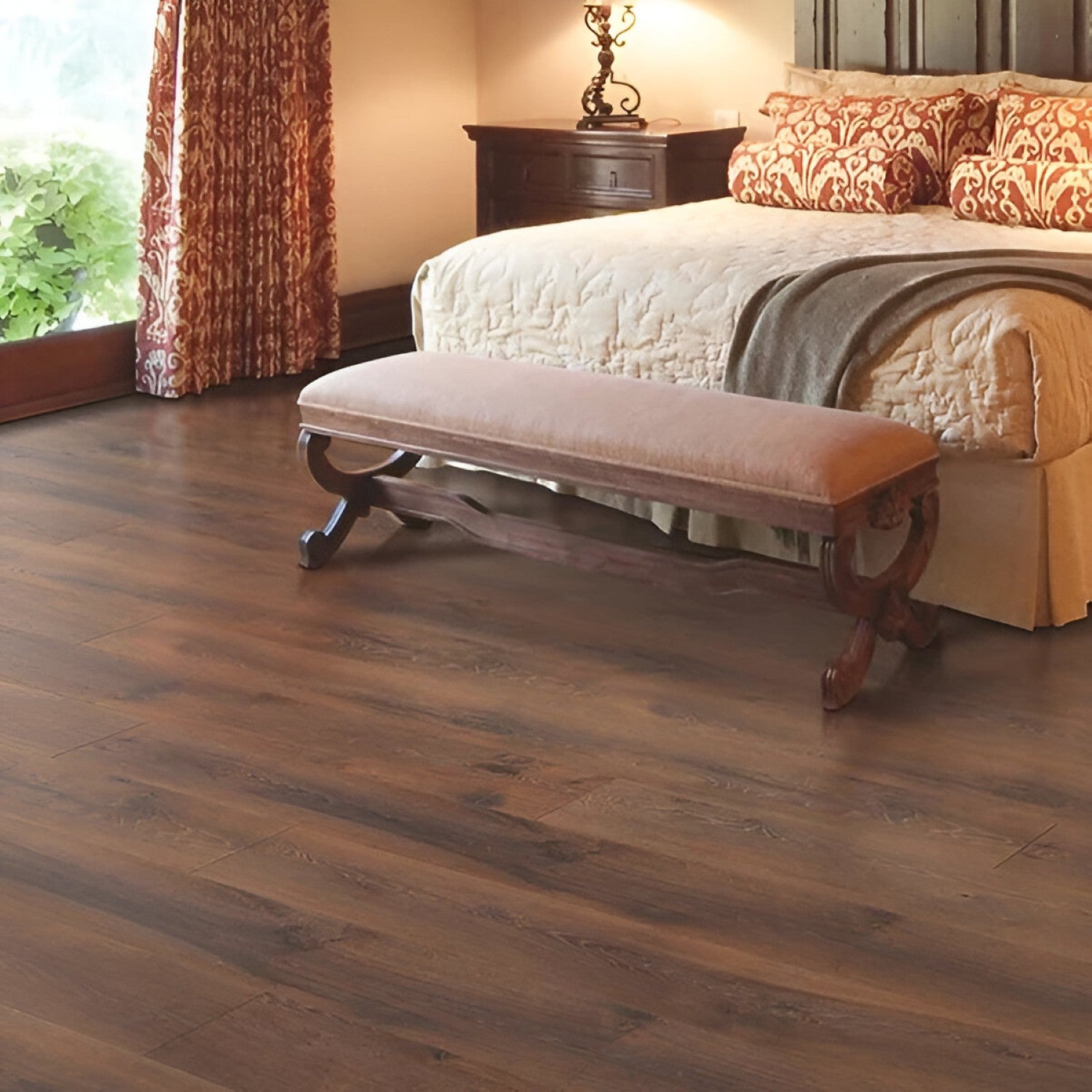 Mocha Oak Laminate Flooring 8x48 inch with warm mocha oak finish, durable scratch-resistant surface, ideal for modern interiors, living spaces, and high-traffic residential and commercial flooring applications
