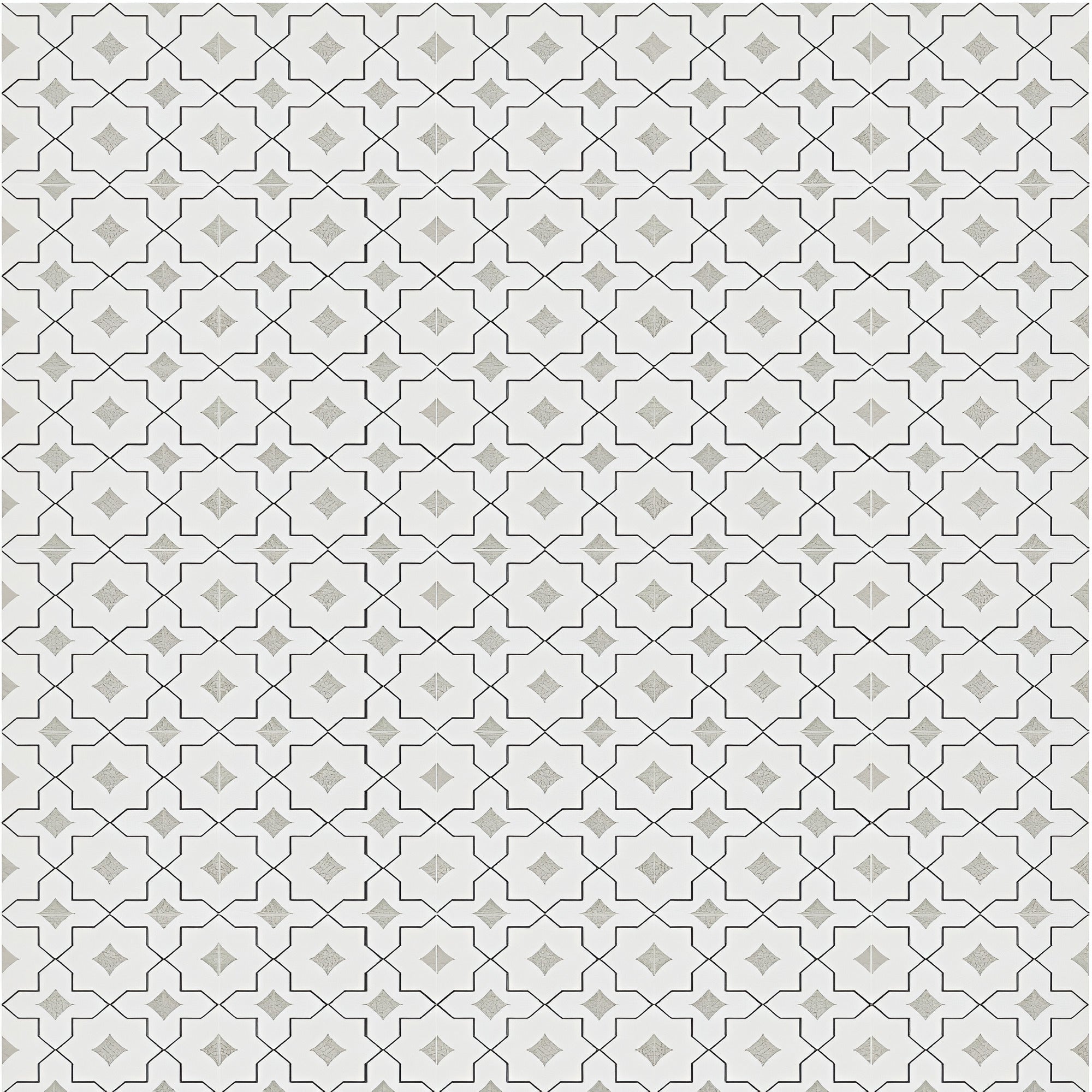 Moris Grey Moroccan vitrified tile in 8×8 inch size with soft grey tones, detailed printed Moroccan and rangoli-inspired patterns, matt finish surface, installed on floor and wall creating an elegant and artistic interior look.
