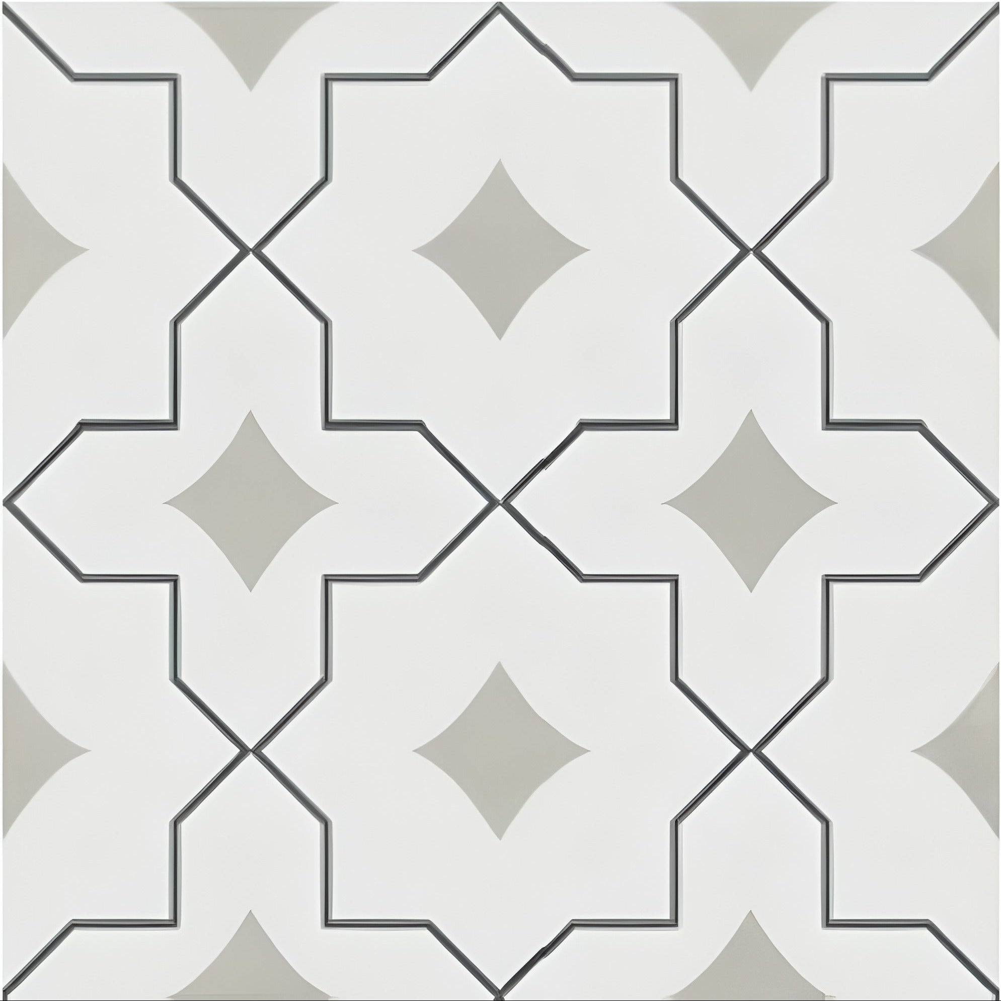Moris Grey Moroccan vitrified tile in 8×8 inch size with soft grey tones, detailed printed Moroccan and rangoli-inspired patterns, matt finish surface, installed on floor and wall creating an elegant and artistic interior look.