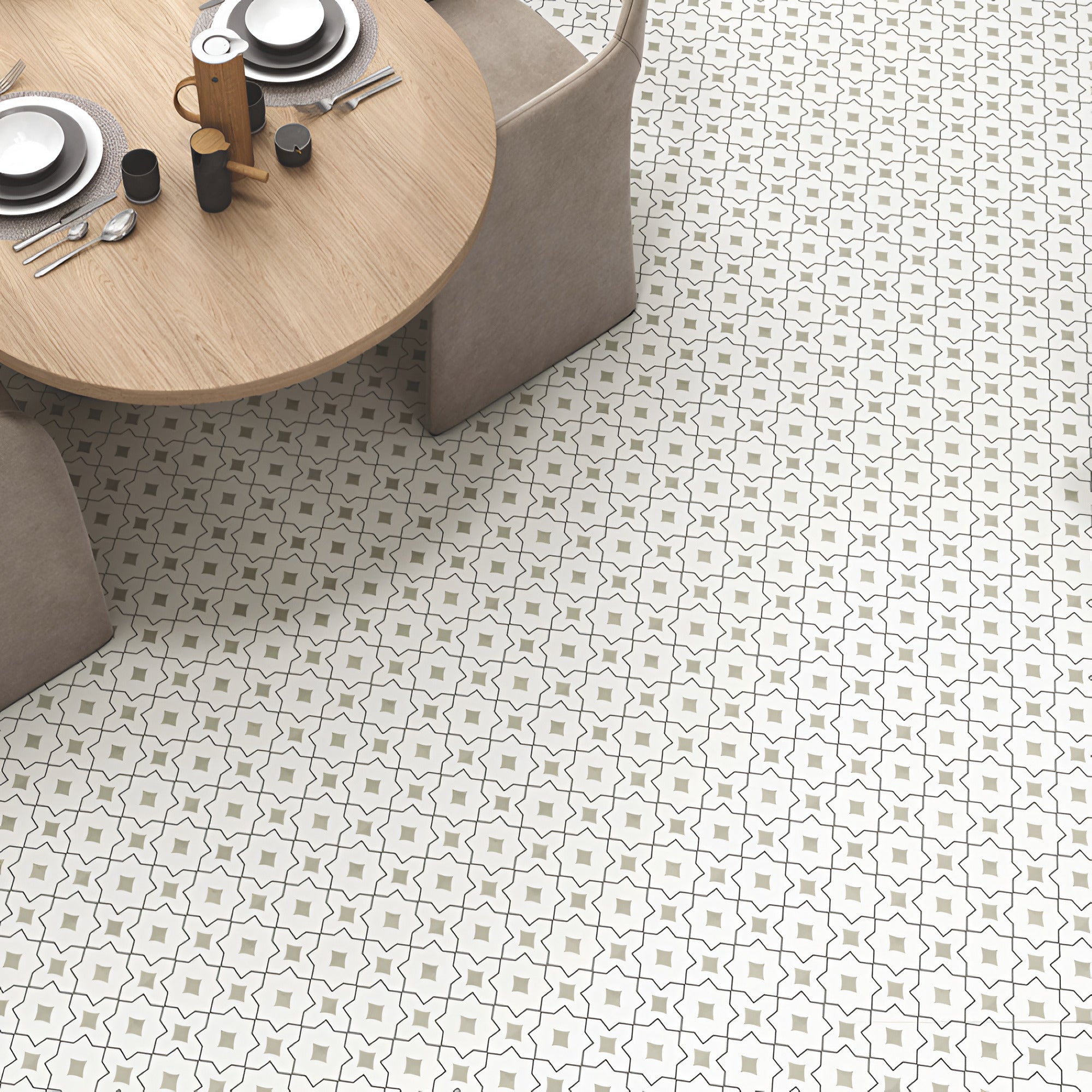 Moris Grey Moroccan vitrified tile in 8×8 inch size with soft grey tones, detailed printed Moroccan and rangoli-inspired patterns, matt finish surface, installed on floor and wall creating an elegant and artistic interior look.