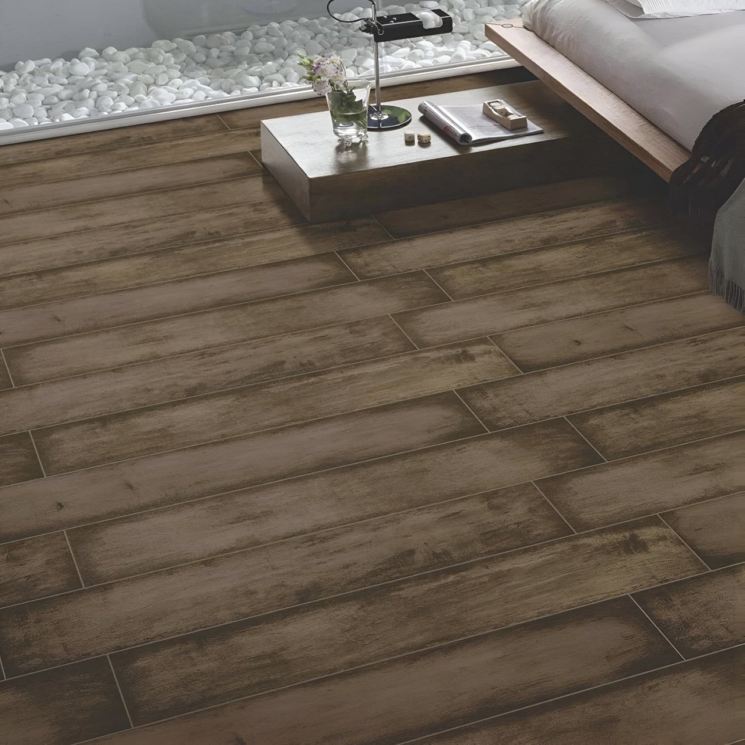 NRC-111 Wooden Vitrified Tile 6x36 inch with natural wood-like finish, smooth and durable surface, perfect for contemporary flooring and wall applications in residential and commercial spaces
