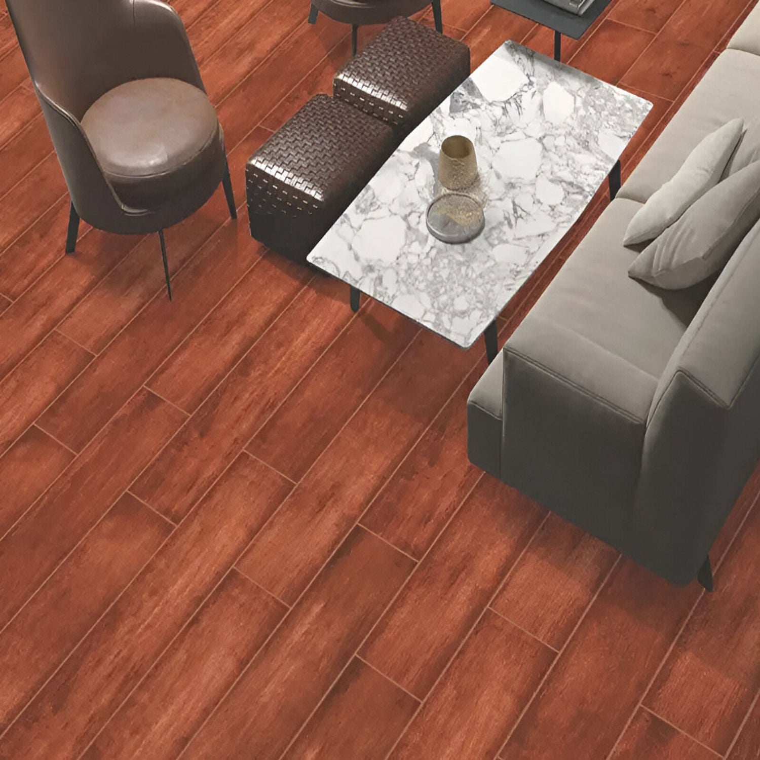 NRC-118 Wooden Vitrified Tile 6x36 inch with rich wood-like finish, smooth and durable surface, ideal for modern flooring and wall applications in residential and commercial spaces
