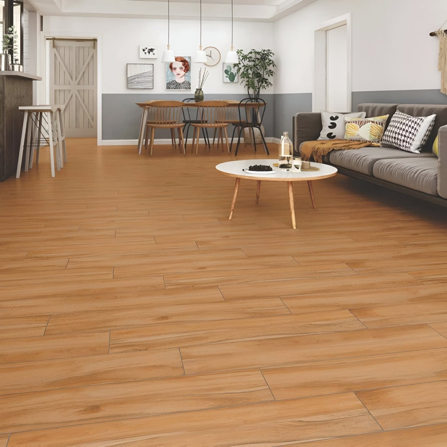 NRC-309 Wooden Vitrified Tile 6x36 inch with realistic wood-like finish, smooth and durable surface, ideal for modern flooring and wall applications in residential and commercial spaces
