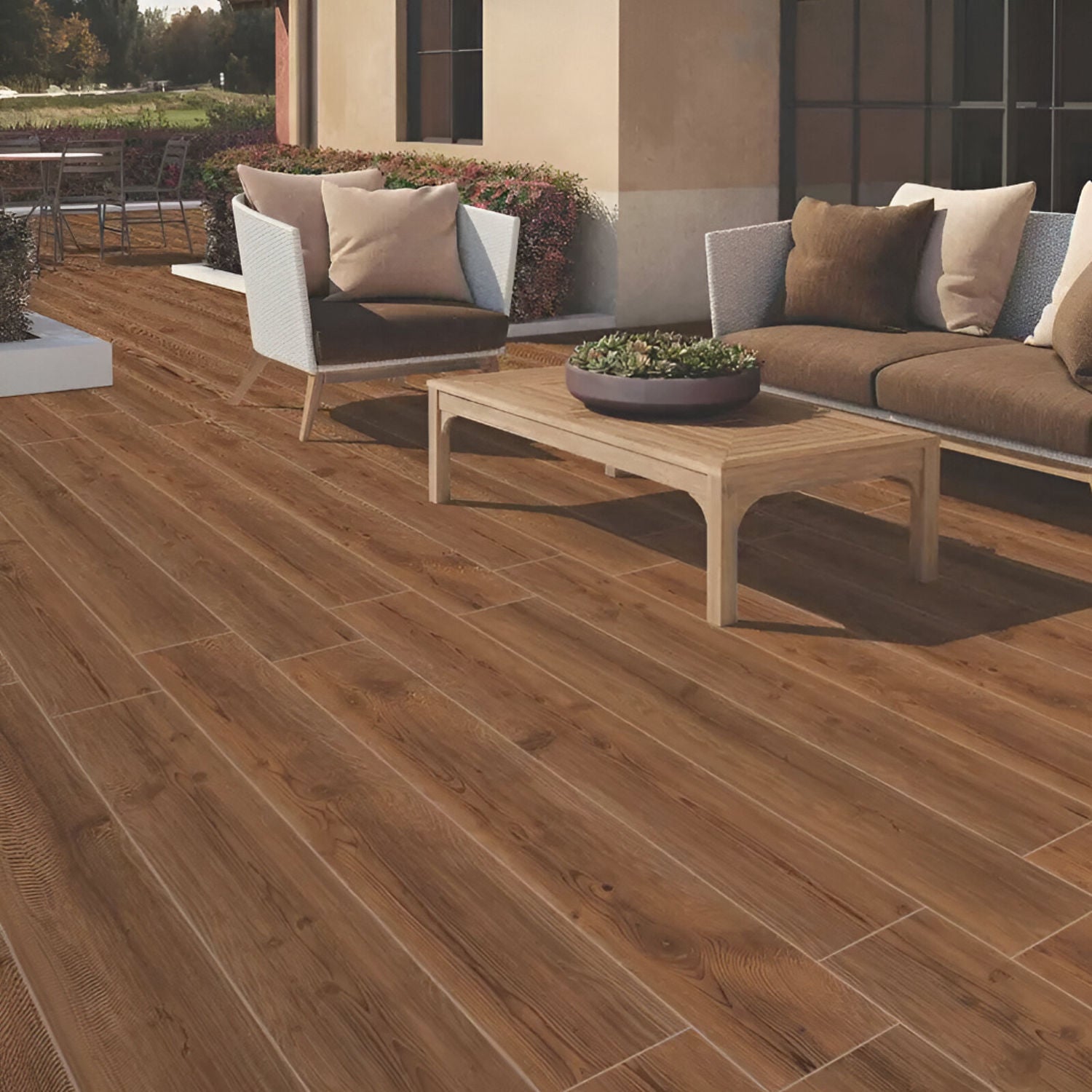 NRC-604 Wooden Vitrified Tile 6x36 inch with rich wood-like finish, smooth and durable surface, ideal for modern flooring and wall applications in residential and commercial spaces
