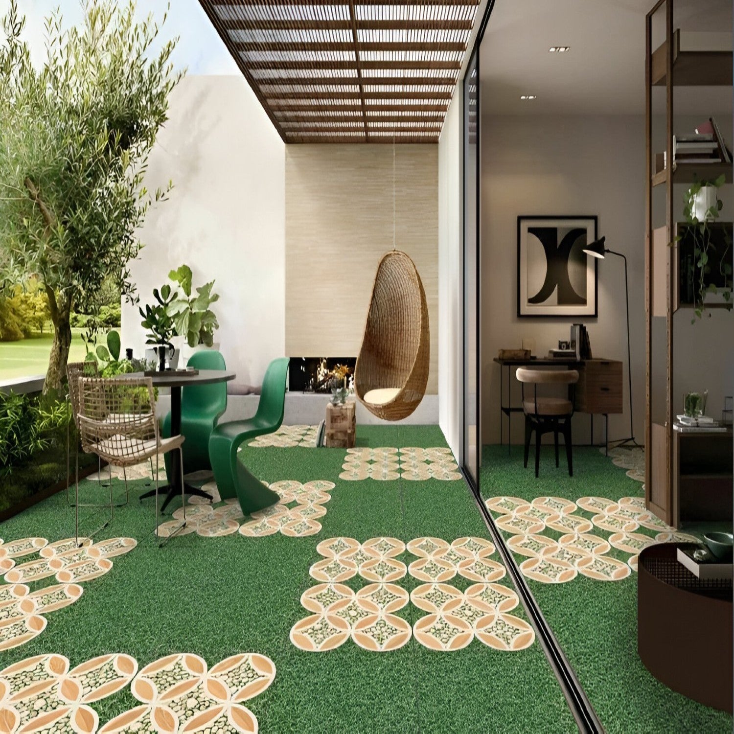 Natural Grass Vitrified Tile – 16×16 inch matt-finish vitrified tile in realistic green grass-look pattern, ideal for durable outdoor terrace, balcony, or garden flooring.