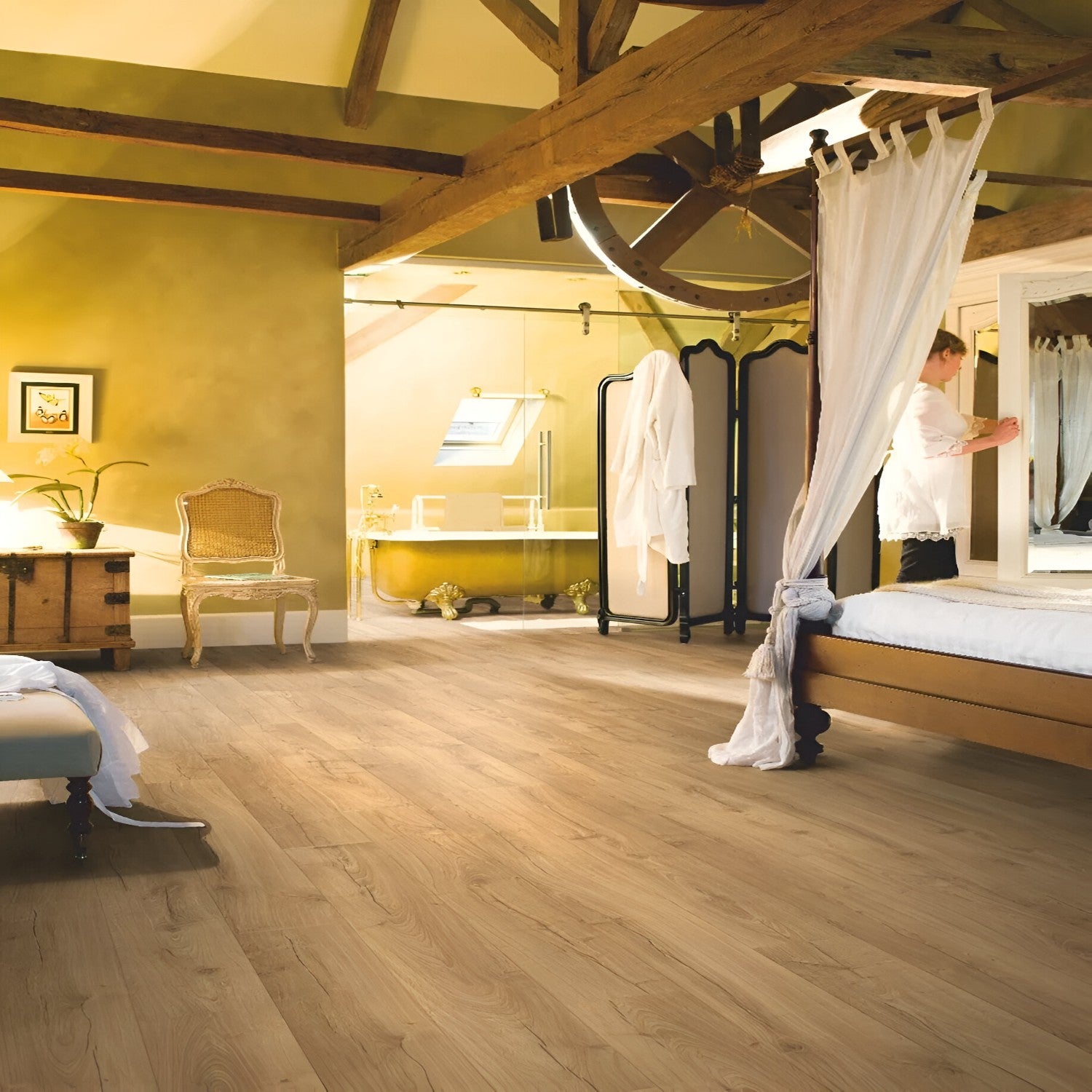 Natural Laminate Flooring 8x48 inch with light natural wood finish, durable scratch-resistant surface, perfect for contemporary interiors, living spaces, and high-traffic residential and commercial flooring applications
