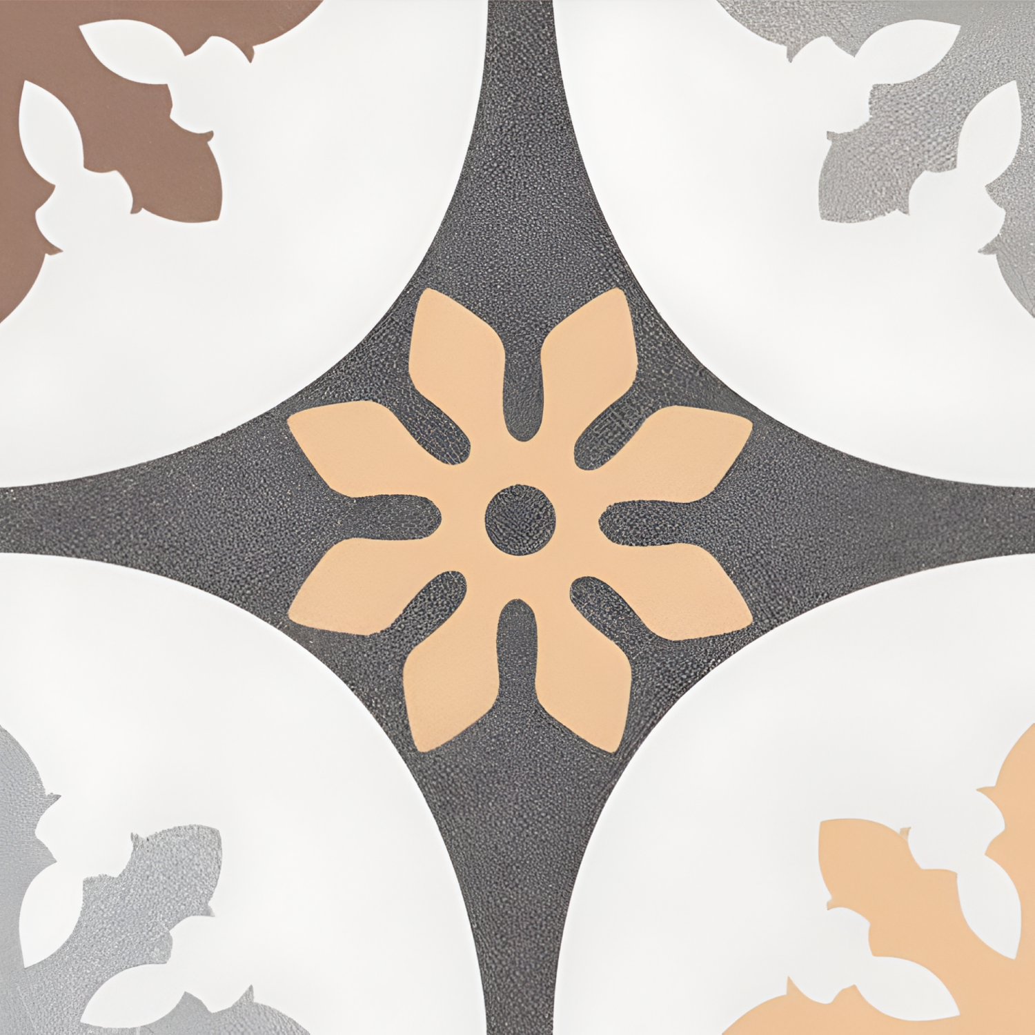 Nebra Moroccan Vitrified Tile – 16×16 inch tile showcasing intricate Moroccan patterns in subtle beige and grey tones, ideal for elegant vintage-inspired interiors.