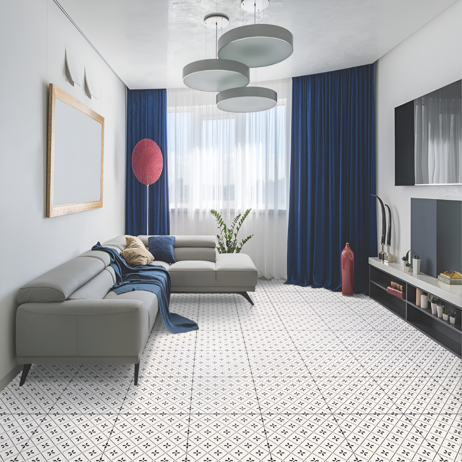 Neca Moroccan Vitrified Tile – 16×16 inch matt-finish vitrified tile in soft beige tones, featuring a printed Moroccan-rangoli geometric and floral design for elegant floor or wall accents.