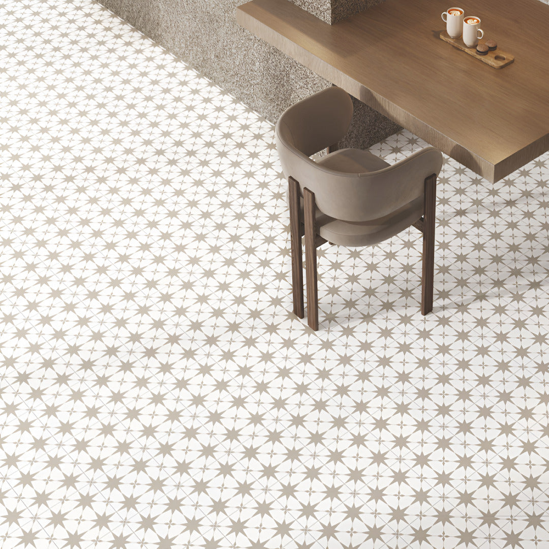 Neon Crema Moroccan vitrified tile in 8×8 inch size featuring a soft crema color with detailed Moroccan and rangoli-inspired printed patterns, matt finish surface, suitable for stylish floor and wall applications in modern interiors.