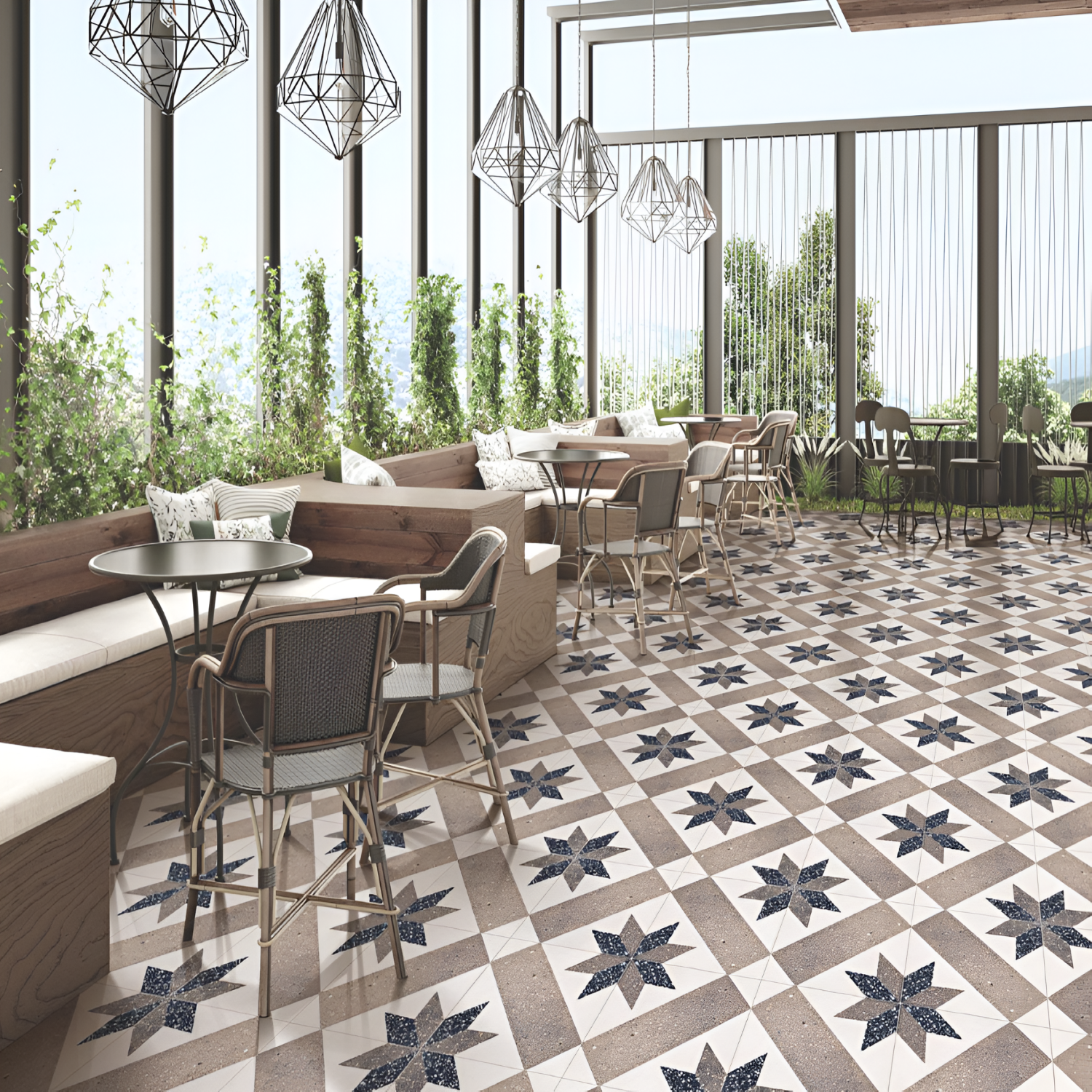 Nora Moroccan Vitrified Tile – 16×16 inch tile with intricate blue and white floral patterns, inspired by classic Moroccan design, ideal for artistic and decorative spaces.