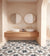 Nora Moroccan Vitrified Tile 16x16 Inch (B) featuring an intricate Moroccan-inspired printed rangoli pattern with a premium matt finish on durable vitrified material, installed as elegant bathroom floor tiles showcasing decorative geometric detailing, high-quality craftsmanship, moisture-resistant construction, and a stylish surface suitable for modern and traditional residential interiors.