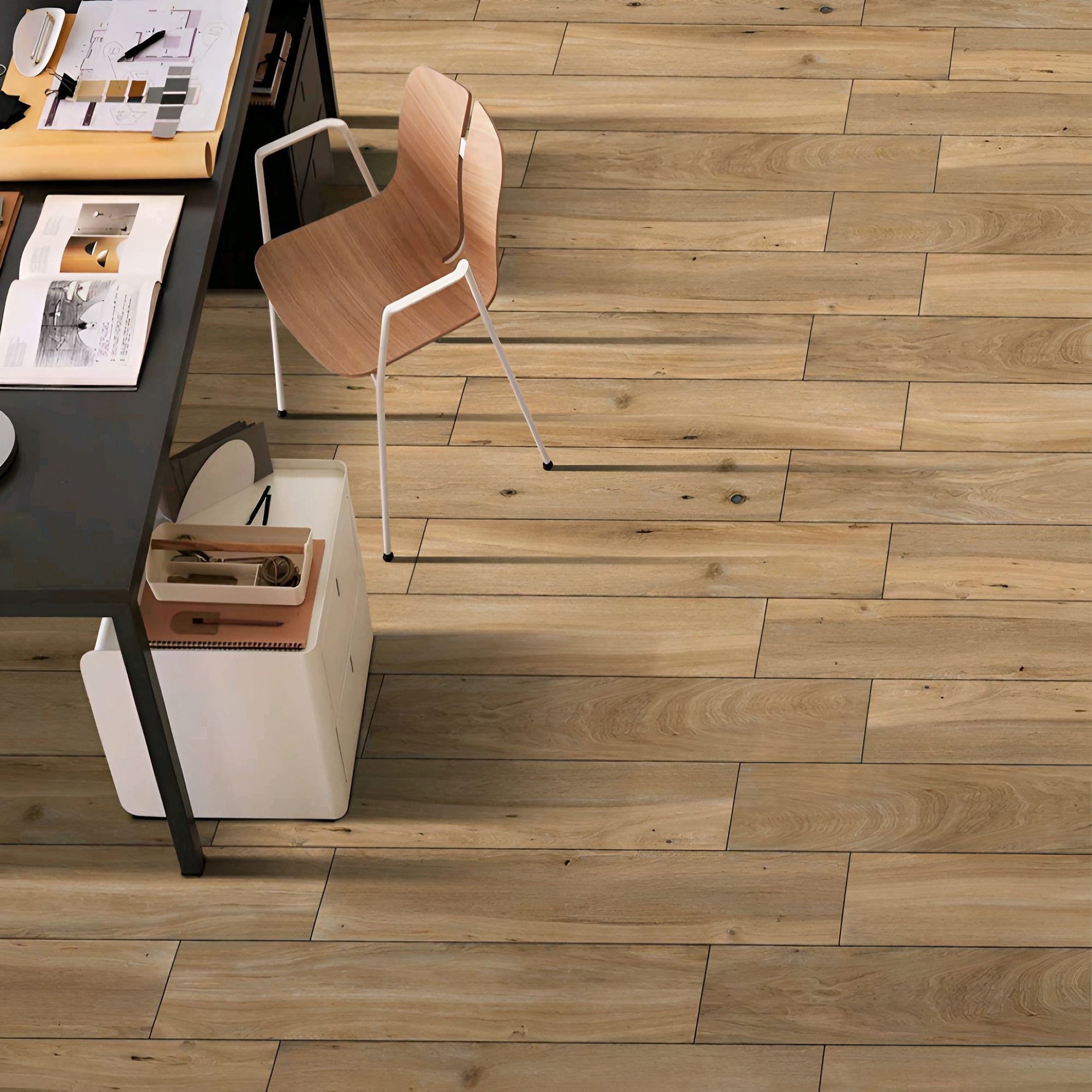 Nova Brown Wooden Plank Tile in 8x48 inch size showcasing realistic wooden texture, natural grain effect, and premium carving finish made from vitrified material for stylish interior flooring.