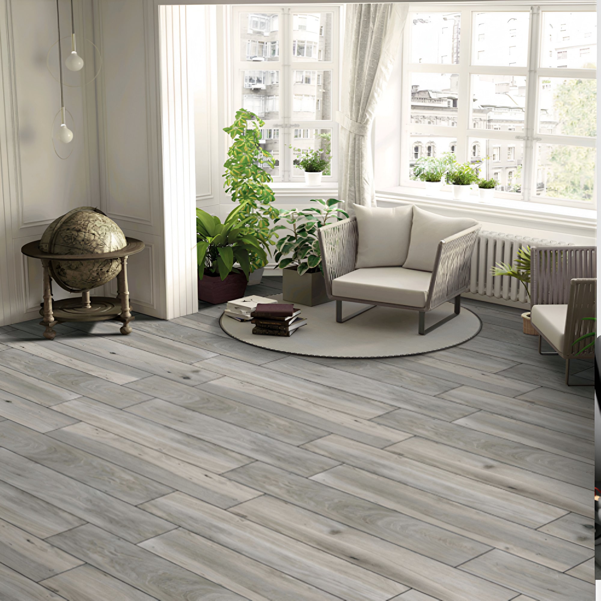 Nova Grey Wooden Plank 8x48 Inch vitrified floor tile displaying carved wood-grain texture in natural grey tones, showcasing long plank design suitable for contemporary interior flooring applications