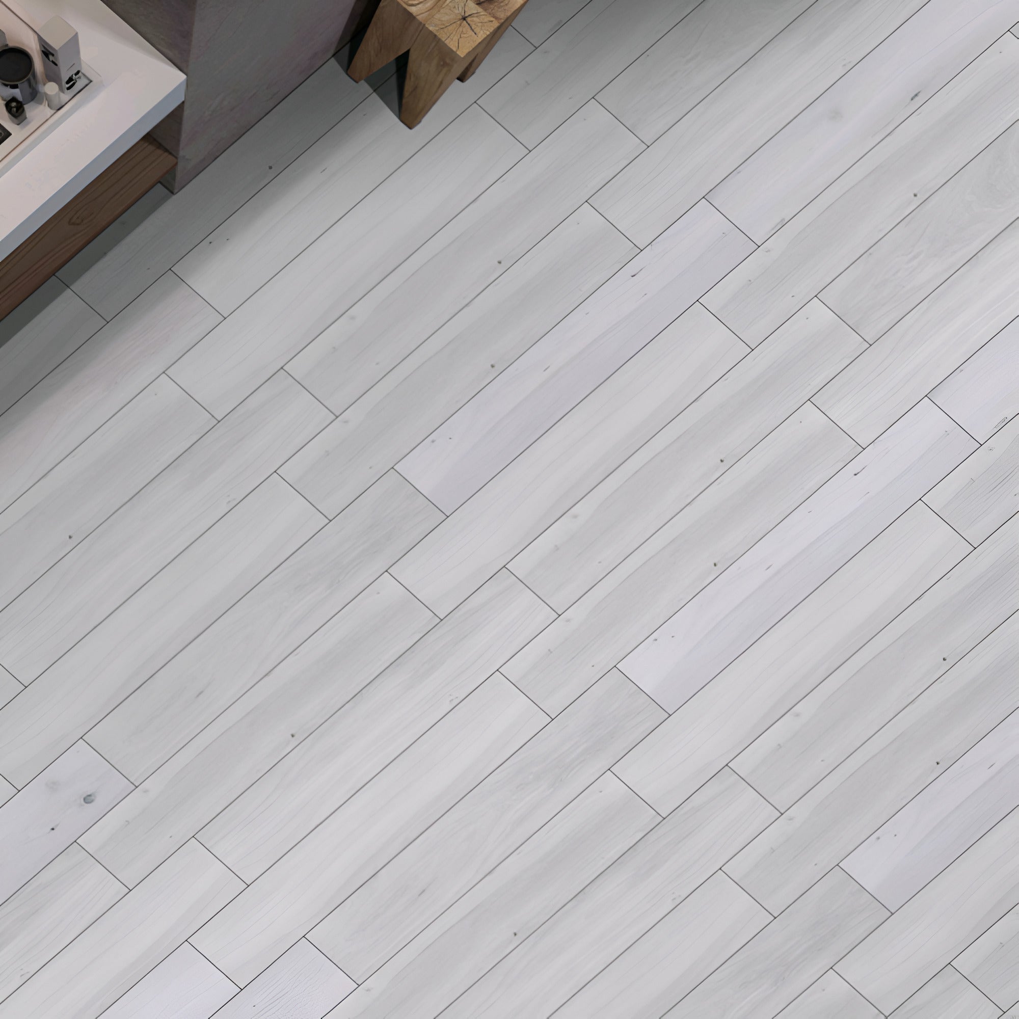 Nova Gris Wooden Plank Tile in 8 x 48 inch size featuring a textured carving finish with realistic grey woodgrain detail, displayed as floor installation showcasing natural wooden plank appearance for modern interior flooring