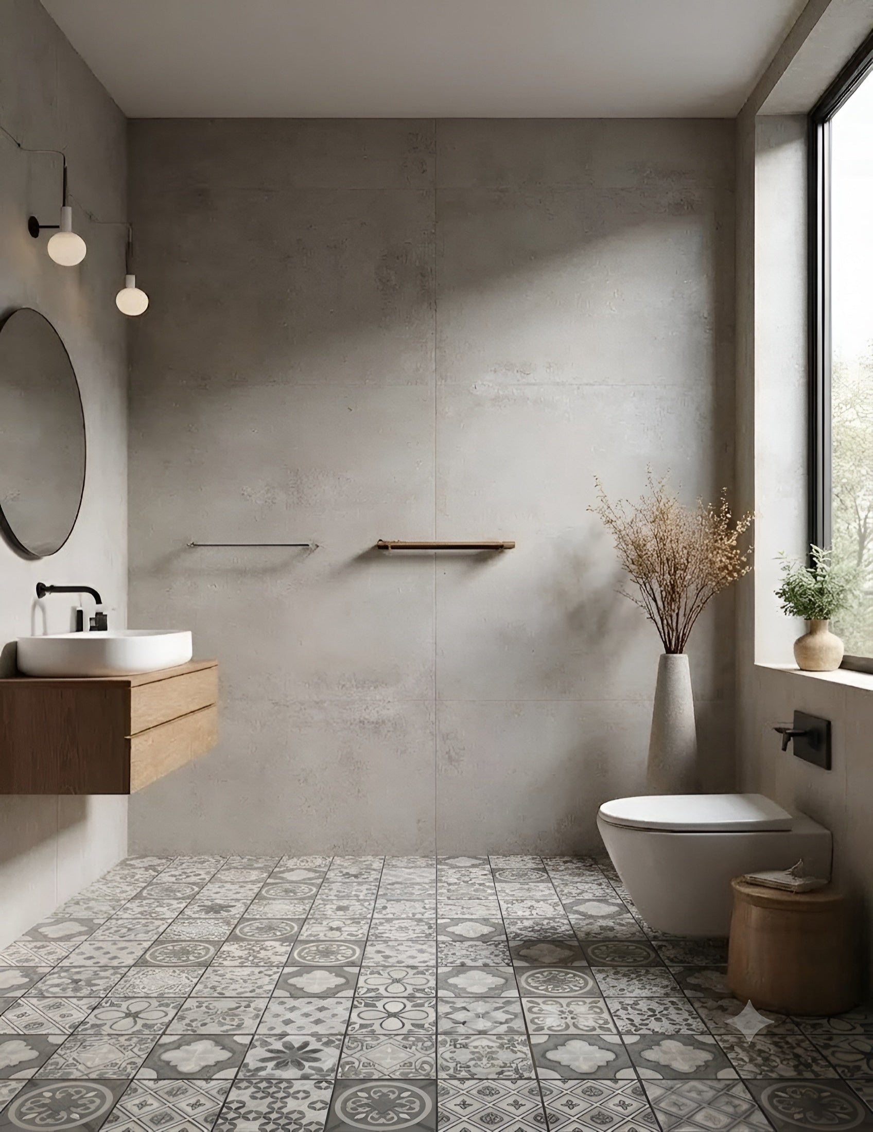 Novart Grigio Decor Moroccan Tile 16x16 Inch (B) featuring an intricate Moroccan and Rangoli-inspired printed pattern on a matt finish vitrified surface. The 16x16 inch floor tile offers detailed ornamental motifs with a balanced geometric layout, making it suitable for bathroom flooring as well as other residential and commercial interior spaces. The durable vitrified construction provides long-lasting performance, low water absorption, and easy maintenance while creating an elegant decorative flooring des