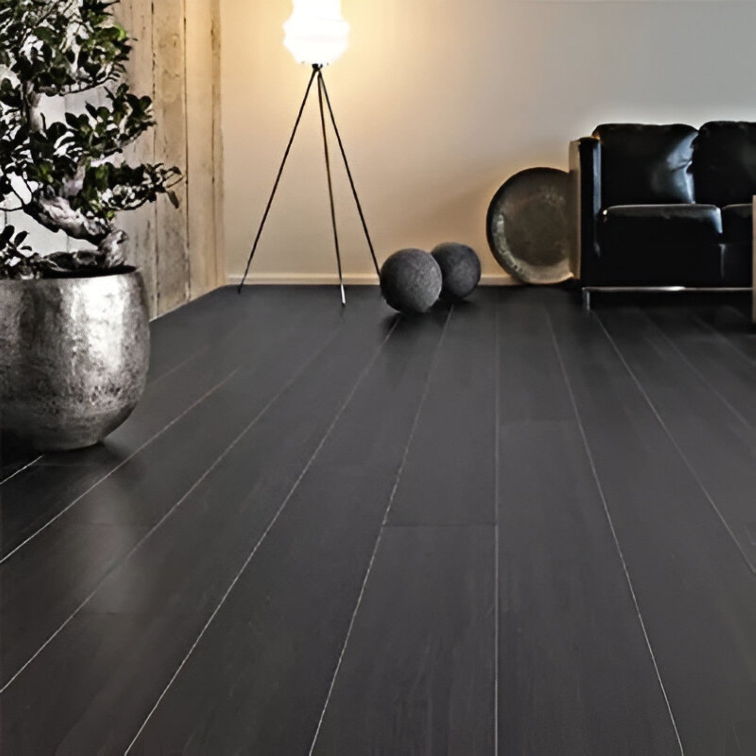 Oak Black Laminate Flooring 8x48 inch with deep black oak finish, durable scratch-resistant surface, ideal for modern interiors, living spaces, and high-traffic residential and commercial flooring applications
