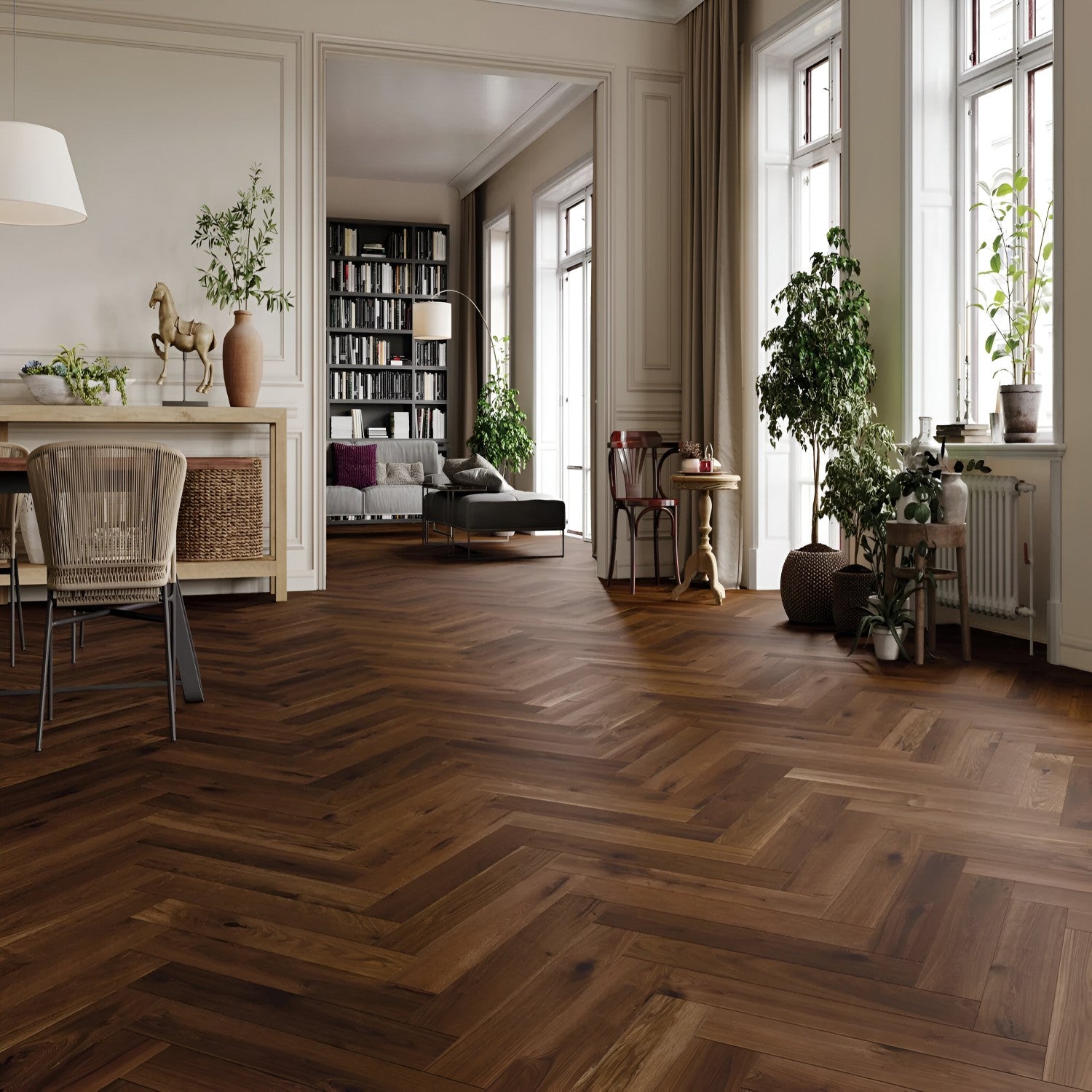Oak Brown Herringbone Flooring 4x28 inch with warm brown oak finish, durable solid wood surface, featuring stylish herringbone pattern, perfect for contemporary interiors, living spaces, and premium commercial flooring applications
