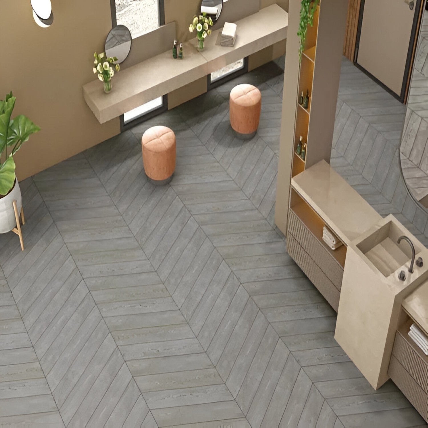 Oak Nouveau Grey Chevron Wooden Tile 6x36 Inch, featuring soft grey oak tones arranged in a chevron pattern, perfect for modern and durable flooring or wall applications.
