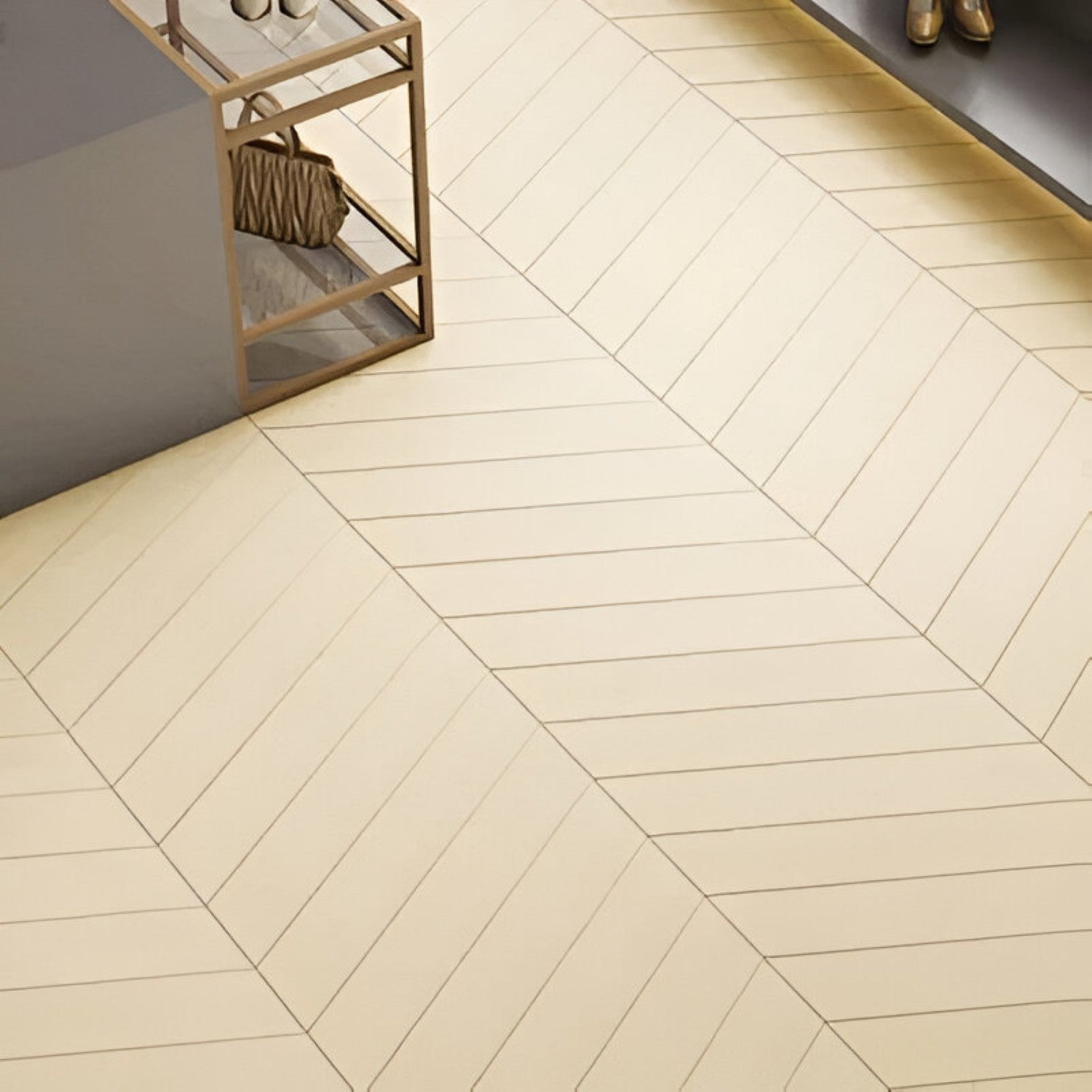 Oak Polar Chevron Wooden Tile 6x36 Inch, featuring light oak tones arranged in a chevron pattern, ideal for bright, stylish, and durable flooring or wall applications.
