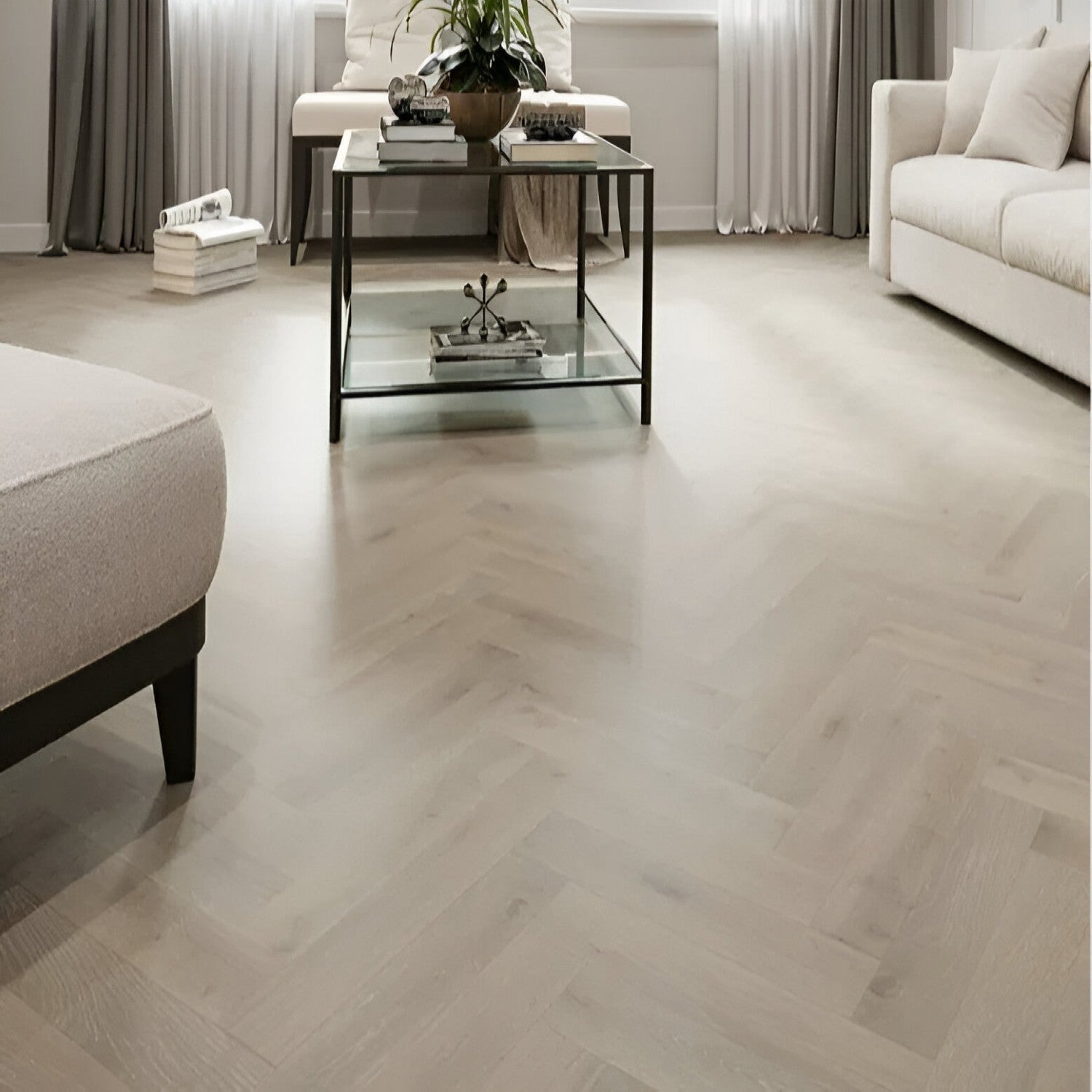 Oak Smoked Grey Herringbone Flooring 4x28 inch with sophisticated smoked grey oak finish, durable solid wood surface, featuring elegant herringbone pattern, ideal for modern interiors, living spaces, and high-end commercial flooring applications
